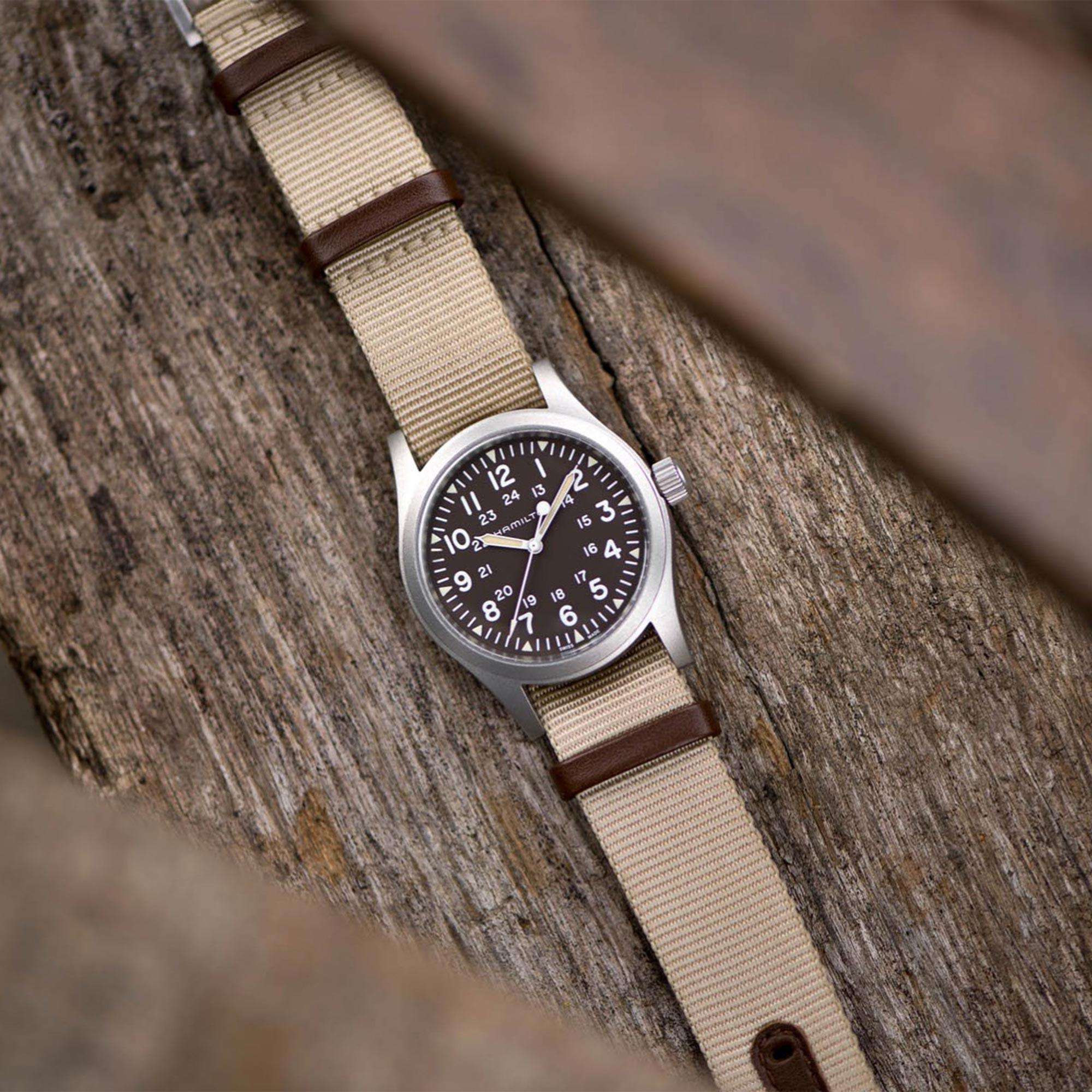 Hamilton Khaki Field 38mm 1960er Jahre Nachbildung Braunes Zifferblatt NATO Herren Mechanische Uhr H69439901