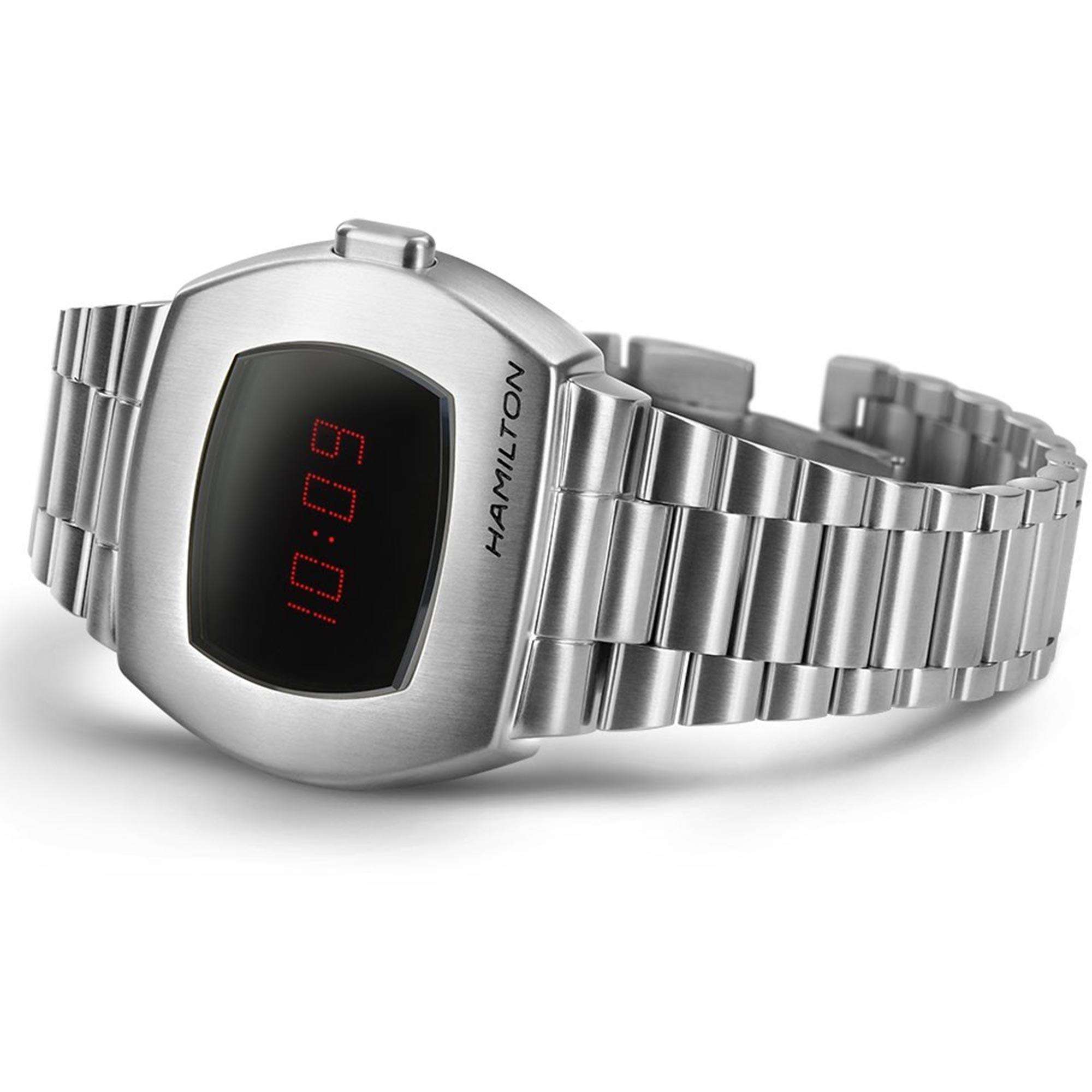 Stainless steel Hamilton PSR digital watch with a red LED display and link bracelet