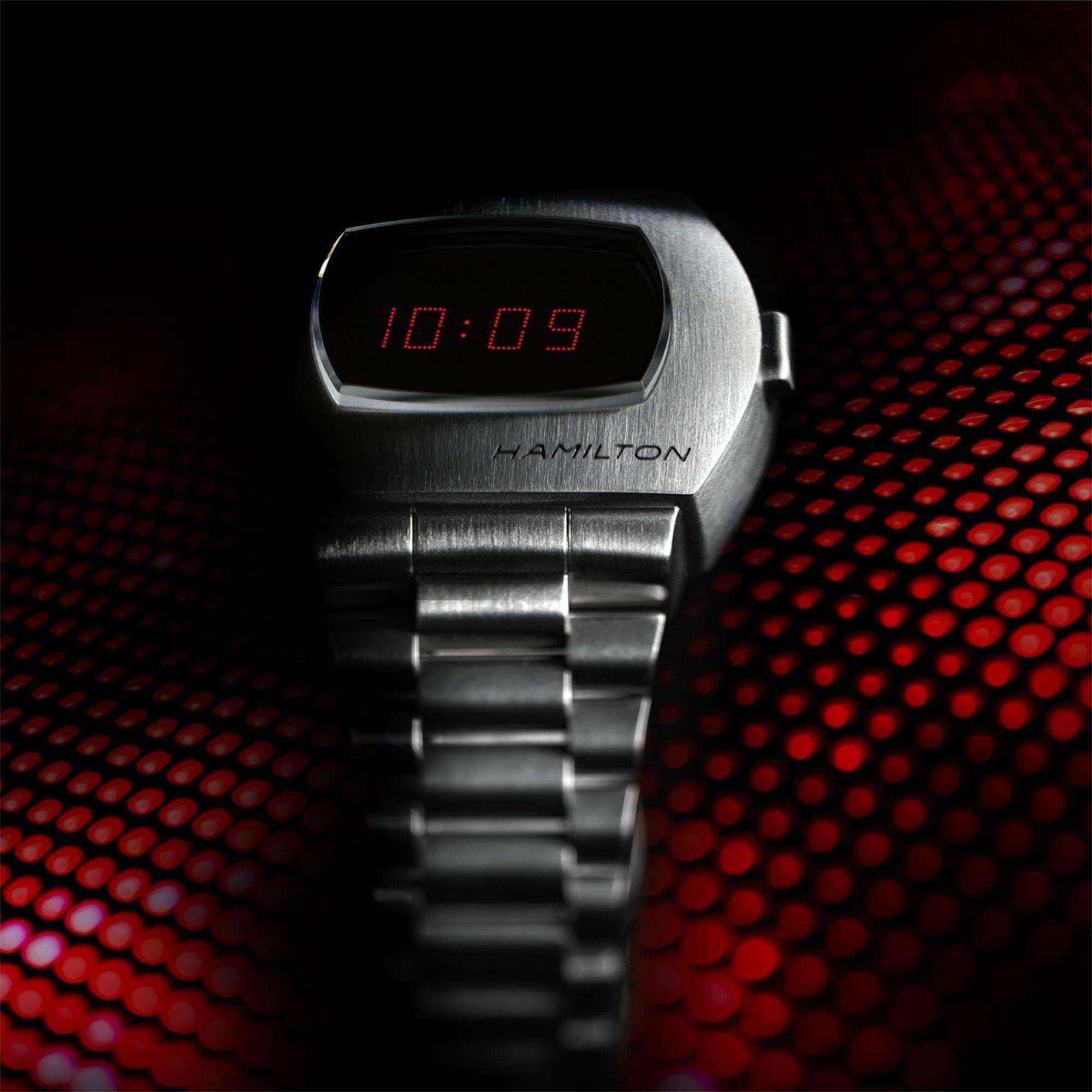 Hamilton American Classic PSR Red Digital Quartz Black Dial Silver Steel Bracelet Men's Watch H52414130 - WatchNation