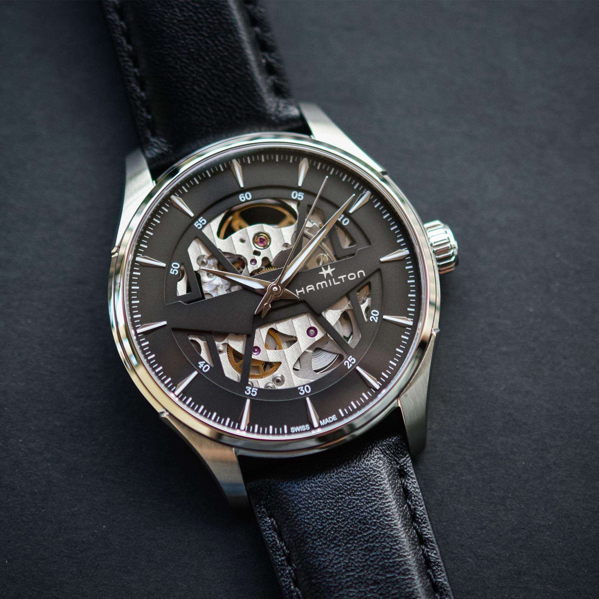 Hamilton Jazzmaster 40mm Schwarzes Skelett Zifferblatt Leder Herren Automatik Uhr H42535780