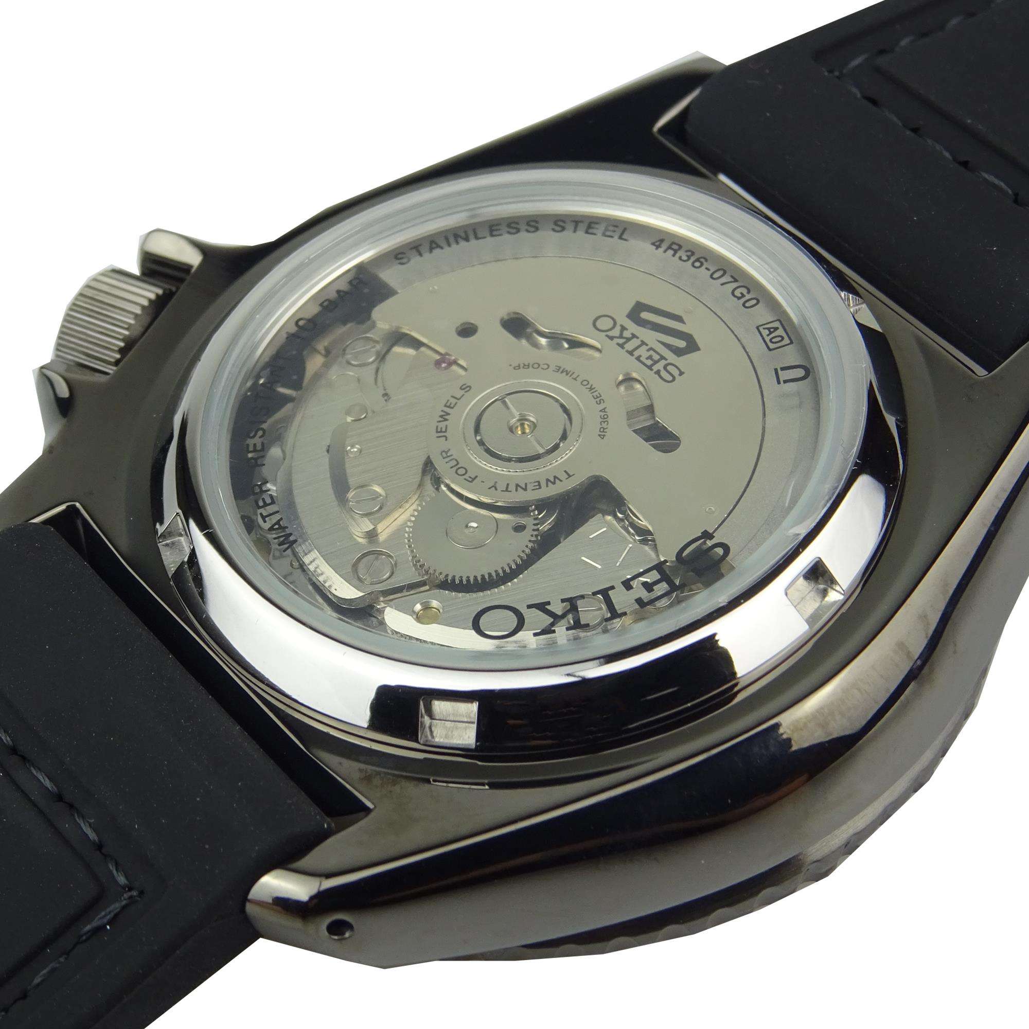 Seiko 5 Sports Automatik Schwarzes Zifferblatt Schwarzes Lederarmband Herren Uhr SRPD65K3