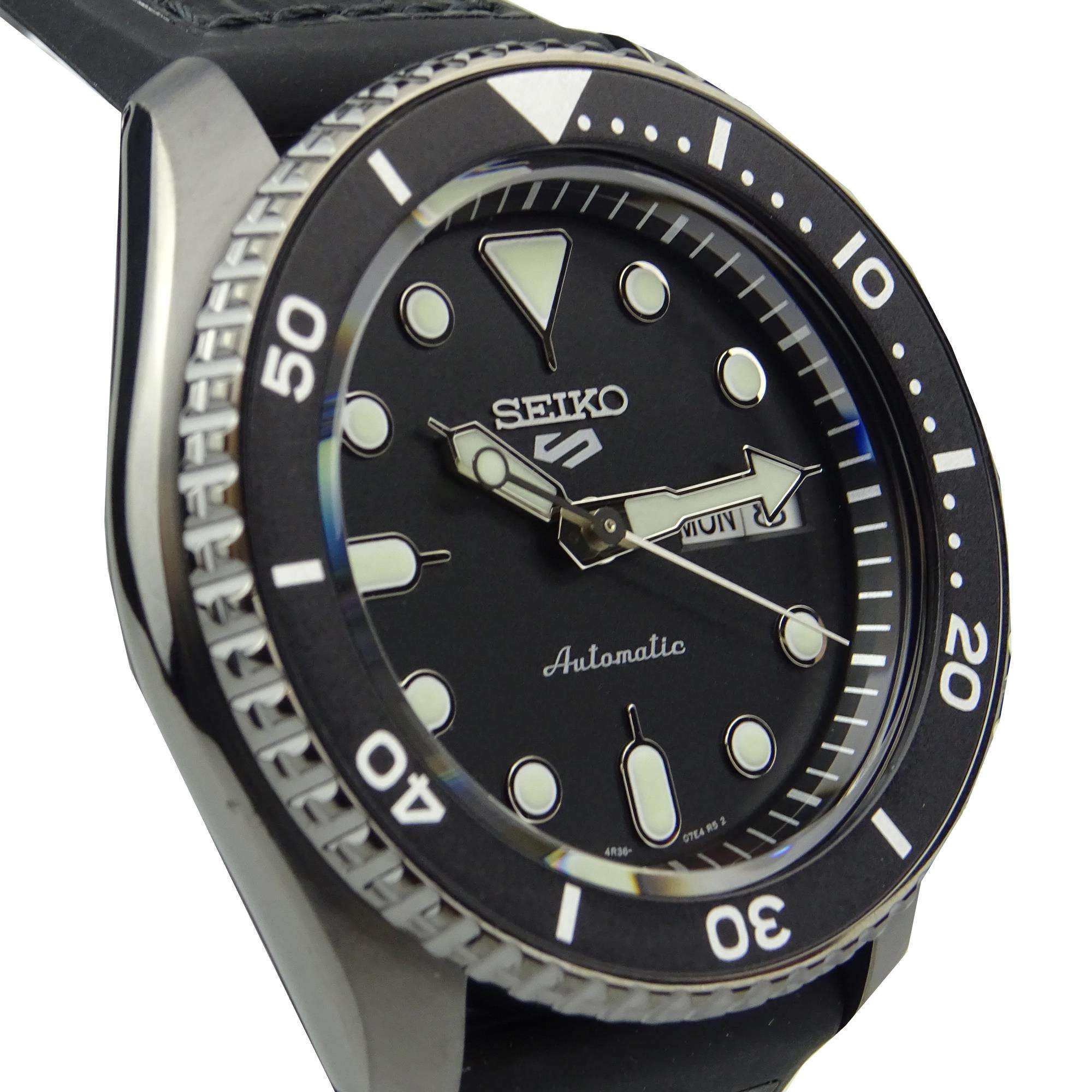 Seiko 5 Sports Automatik Schwarzes Zifferblatt Schwarzes Lederarmband Herren Uhr SRPD65K3