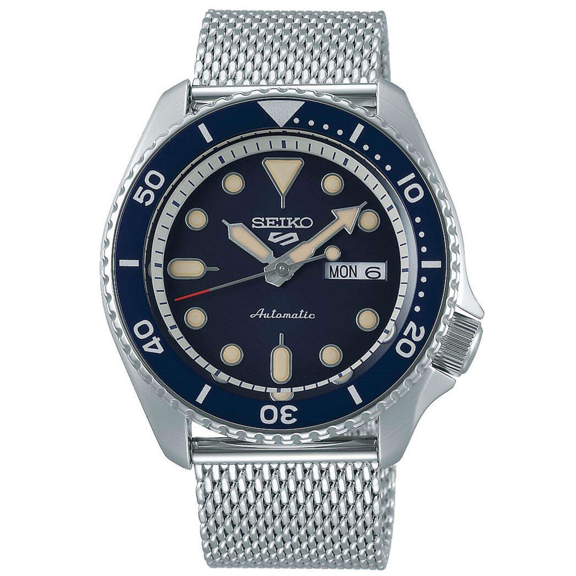 Seiko 5 Sports Blaues Zifferblatt Silbernes Edelstahl-Mesharmband Automatik Herren Uhr SRPD71K1