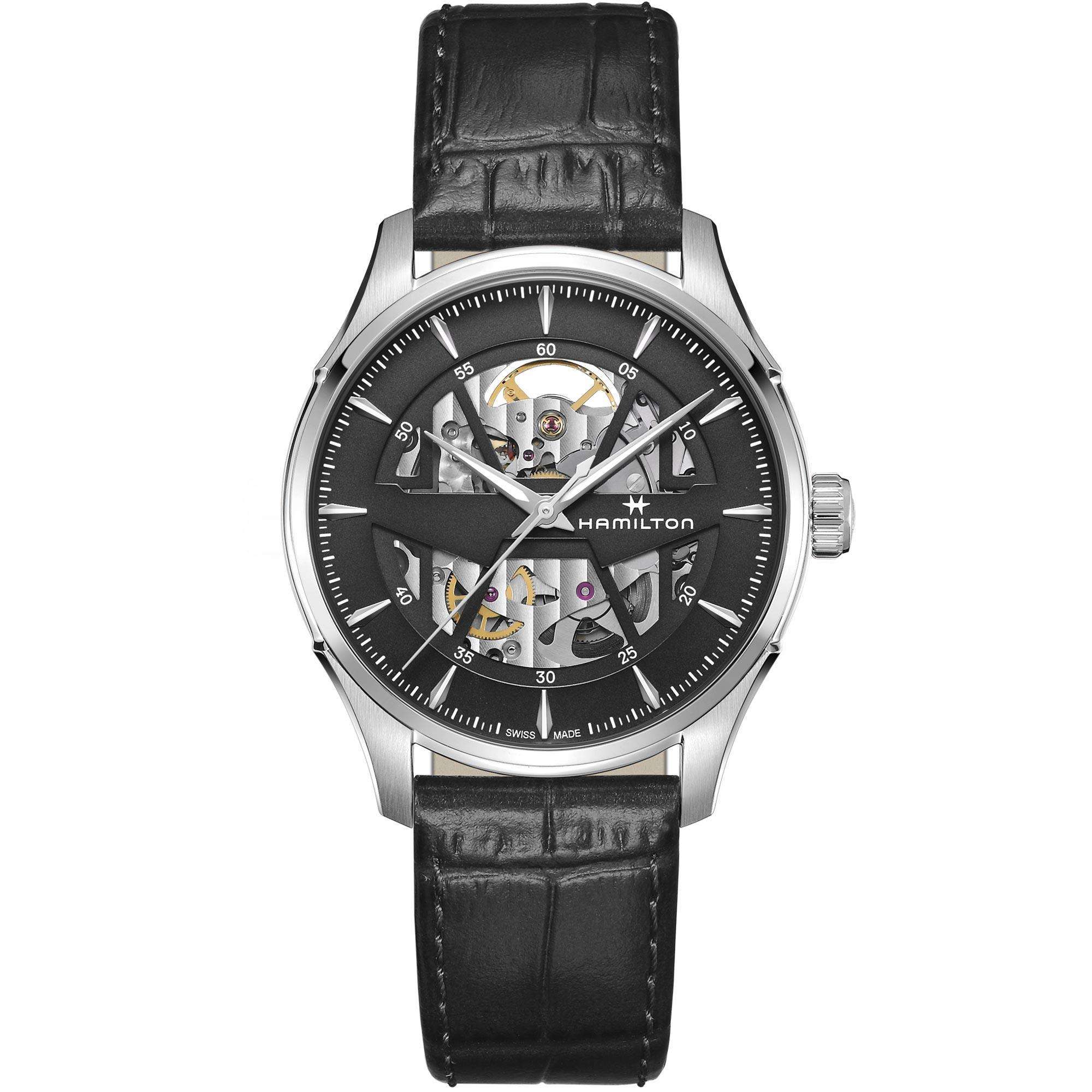 Hamilton Jazzmaster 40mm Schwarzes Skelett Zifferblatt Leder Herren Automatik Uhr H42535780