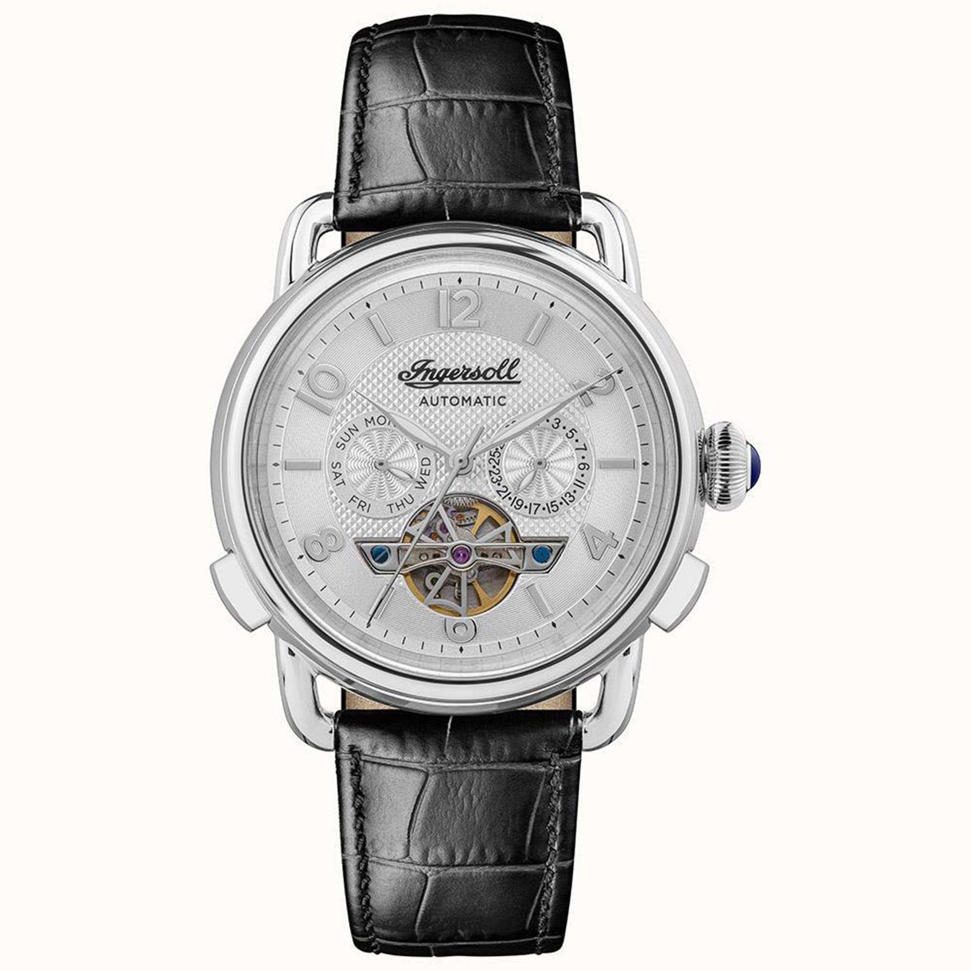 Ingersoll The New England Automatik Silbernes Zifferblatt Schwarzes Lederarmband Herren Uhr I00903B