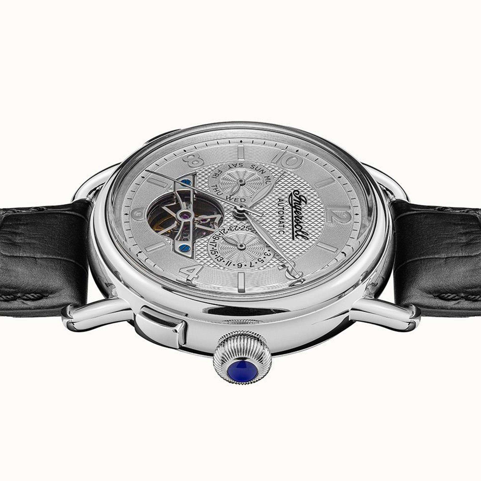 Ingersoll The New England Automatik Silbernes Zifferblatt Schwarzes Lederarmband Herren Uhr I00903B