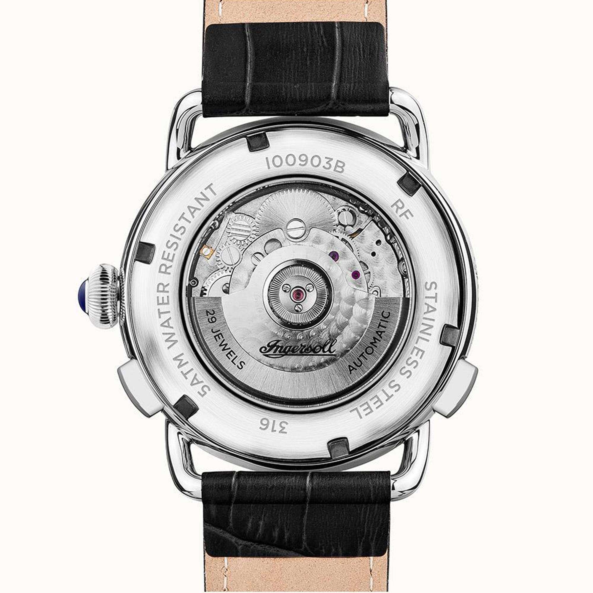 Ingersoll The New England Automatik Silbernes Zifferblatt Schwarzes Lederarmband Herren Uhr I00903B