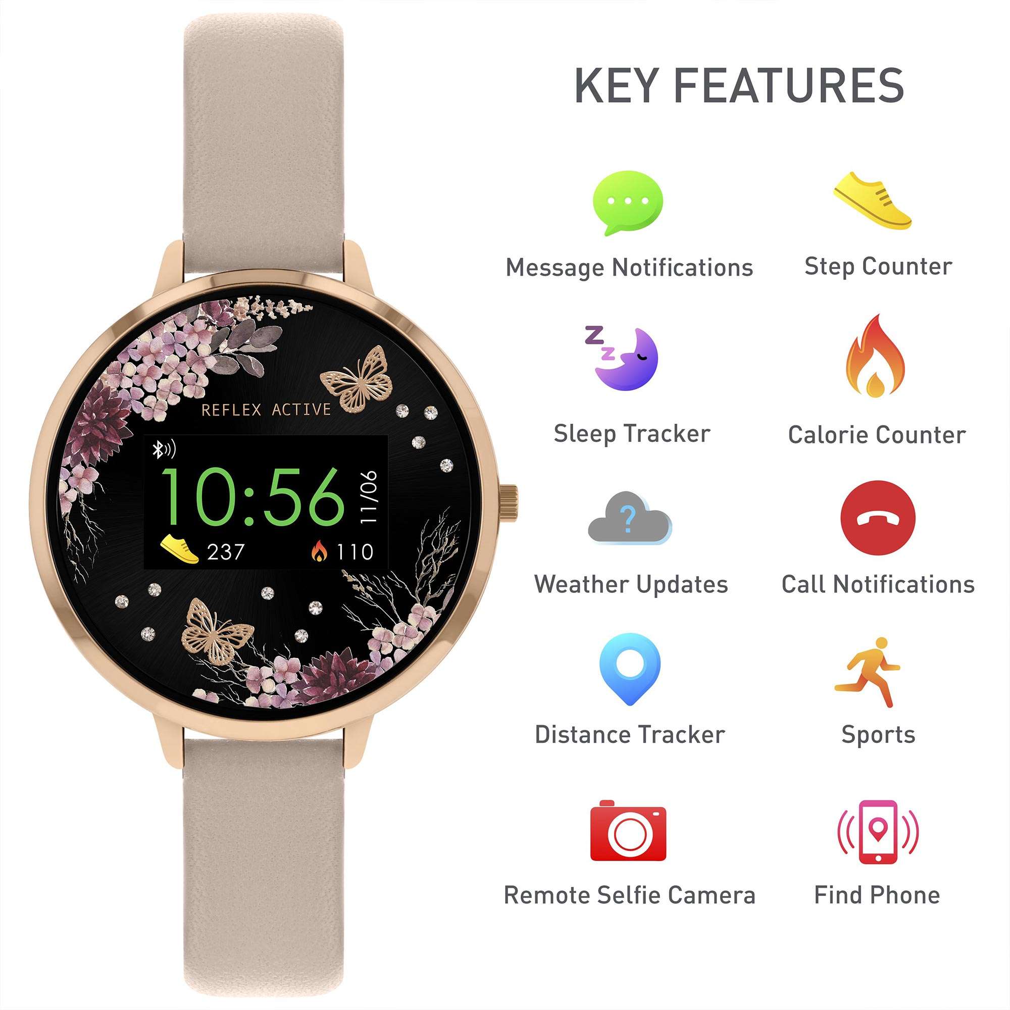 Reflex Active Series 03 Schwarzes Blumen Zifferblatt Pink Silikonarmband Damen Smartwatch RA03-2014