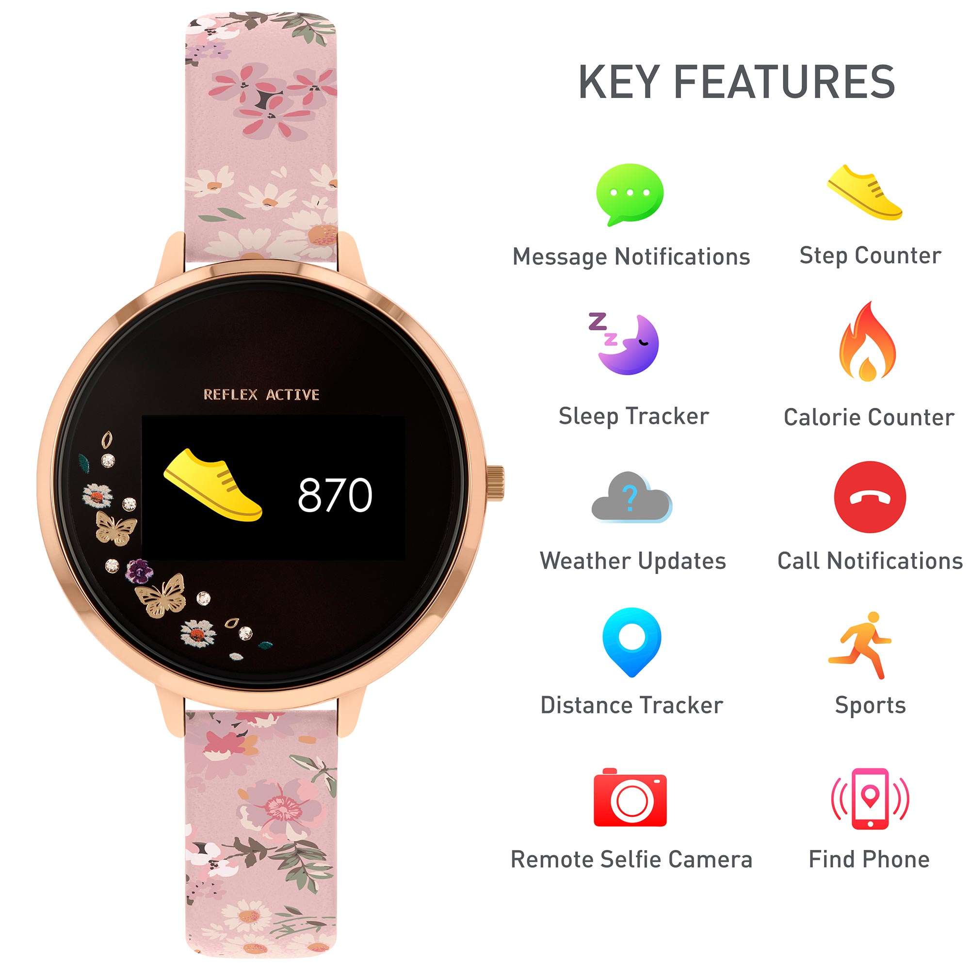 Reflex Active Bluetooth Schwarzes Zifferblatt Pink Blumenarmband Roségold Armband Damen Smartwatch RA03-2058