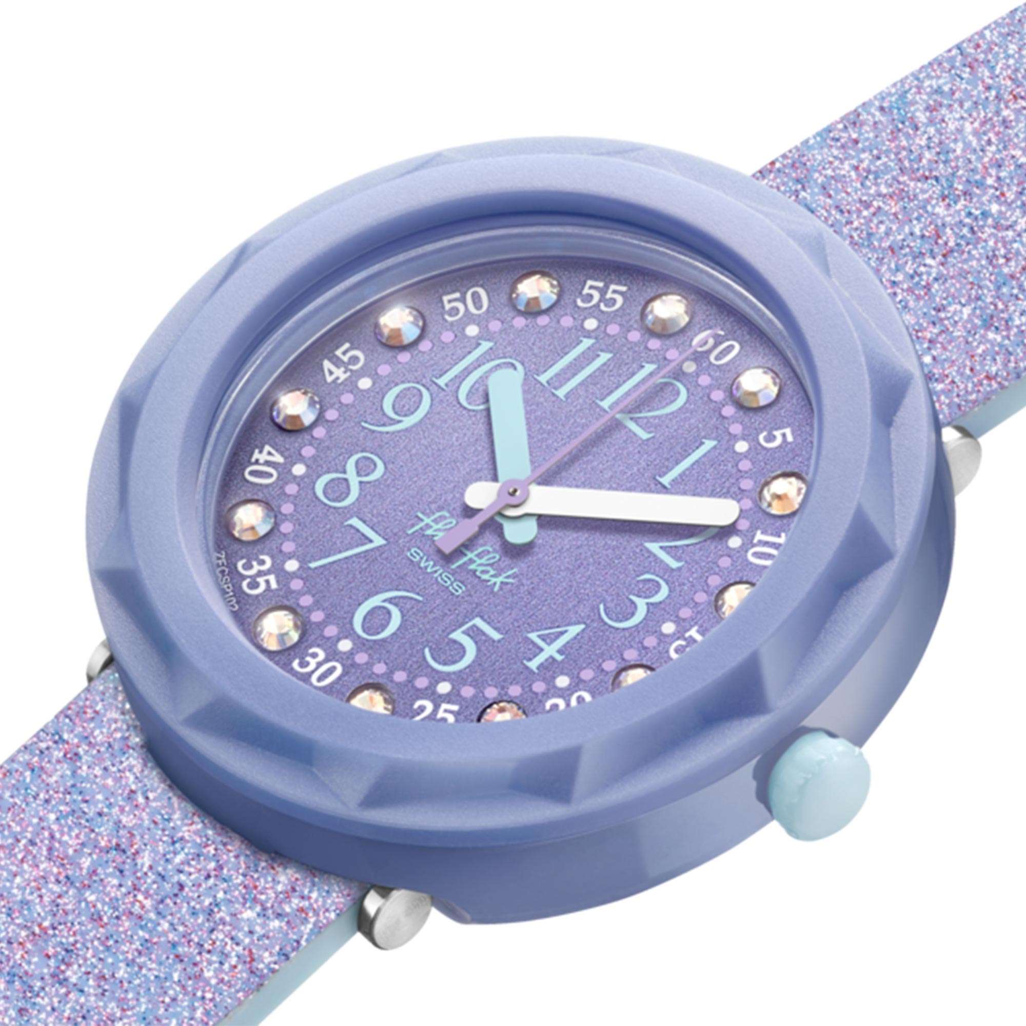 Flik Flak Shine Bright Lilaxus Quarz Bewegung Lila Zifferblatt Silikonarmband Mädchen Uhr FCSP102
