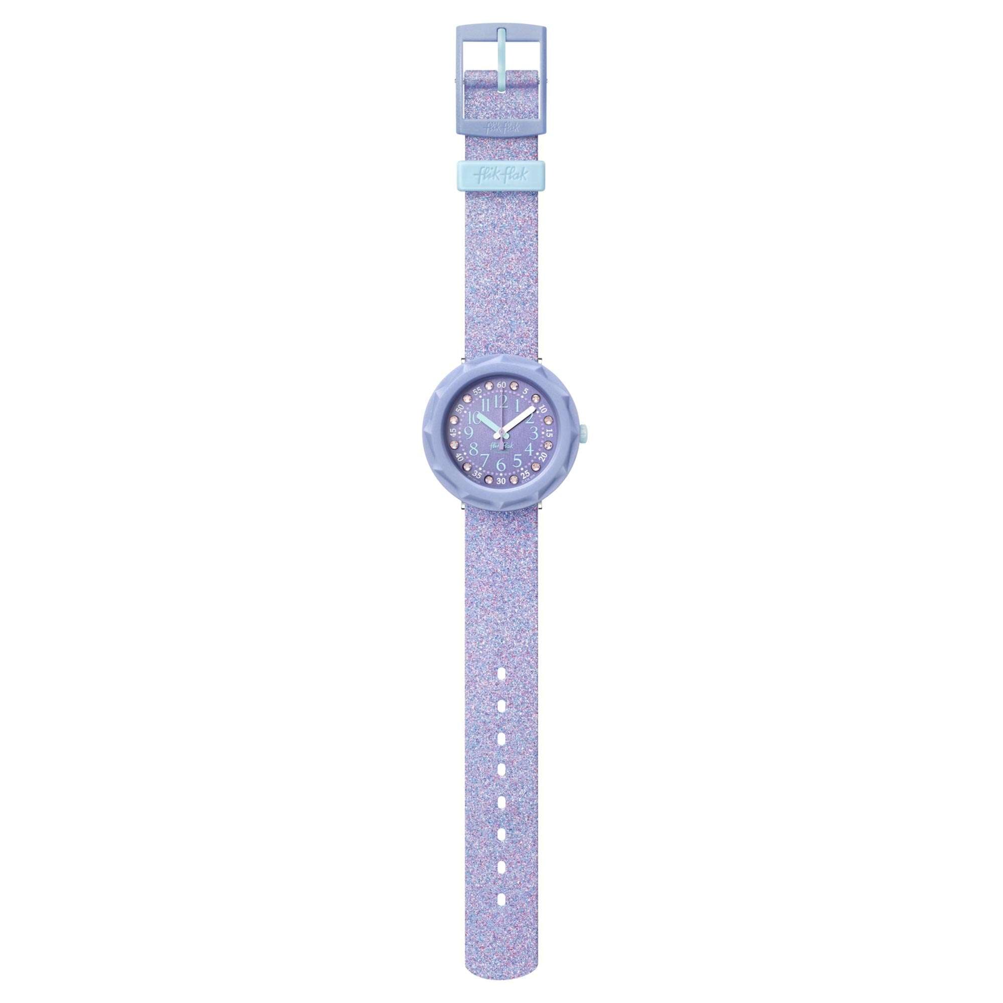 Flik Flak Shine Bright Lilaxus Quarz Bewegung Lila Zifferblatt Silikonarmband Mädchen Uhr FCSP102