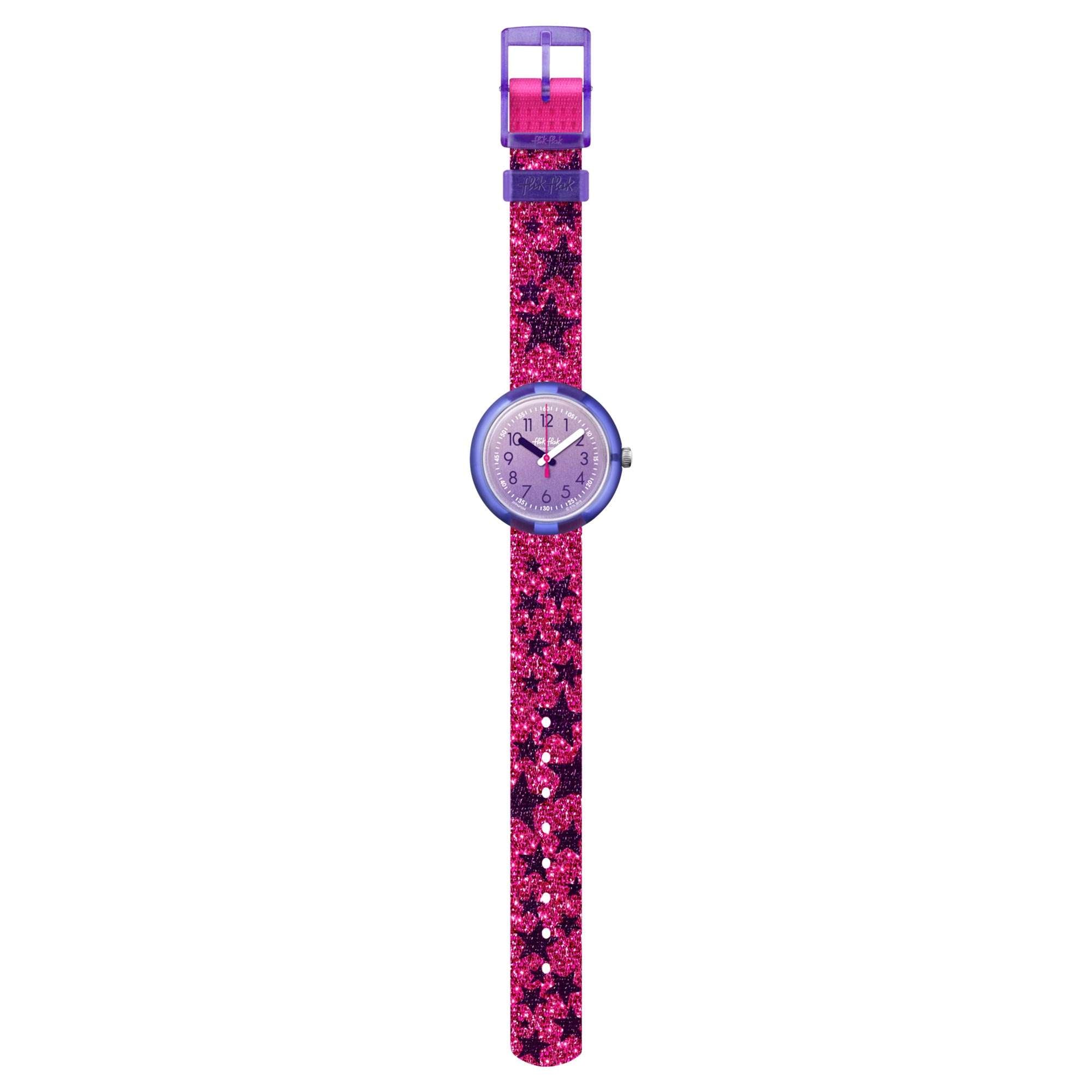 Flik Flak Futuristic Glitter Stars Quartz Movement Purple Dial Textile Bracelet Girls Watch FPNP054
