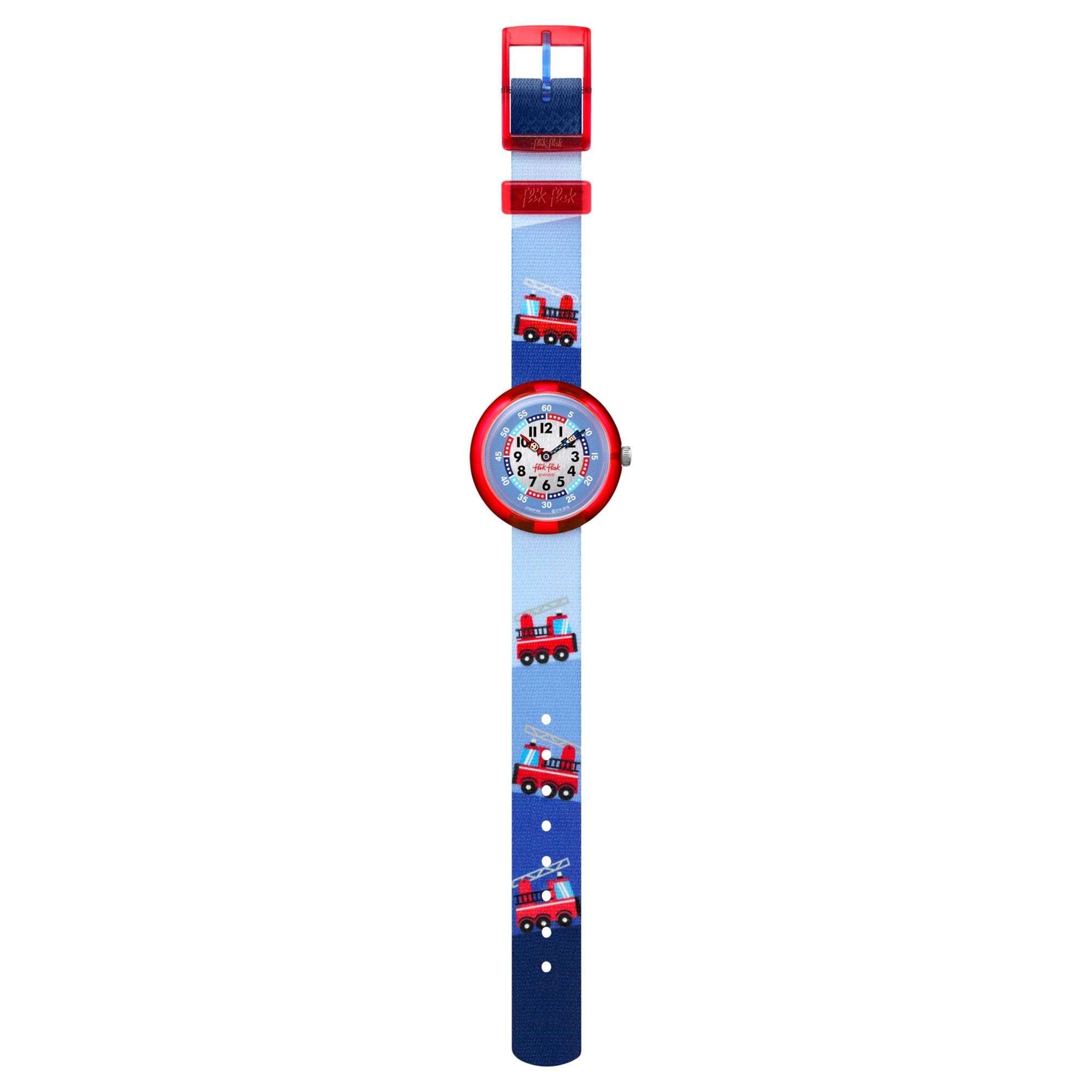 Flik Flak City of Life Firetruck Quartz Movement Blue Dial Textile Bracelet Kids Watch FBNP160