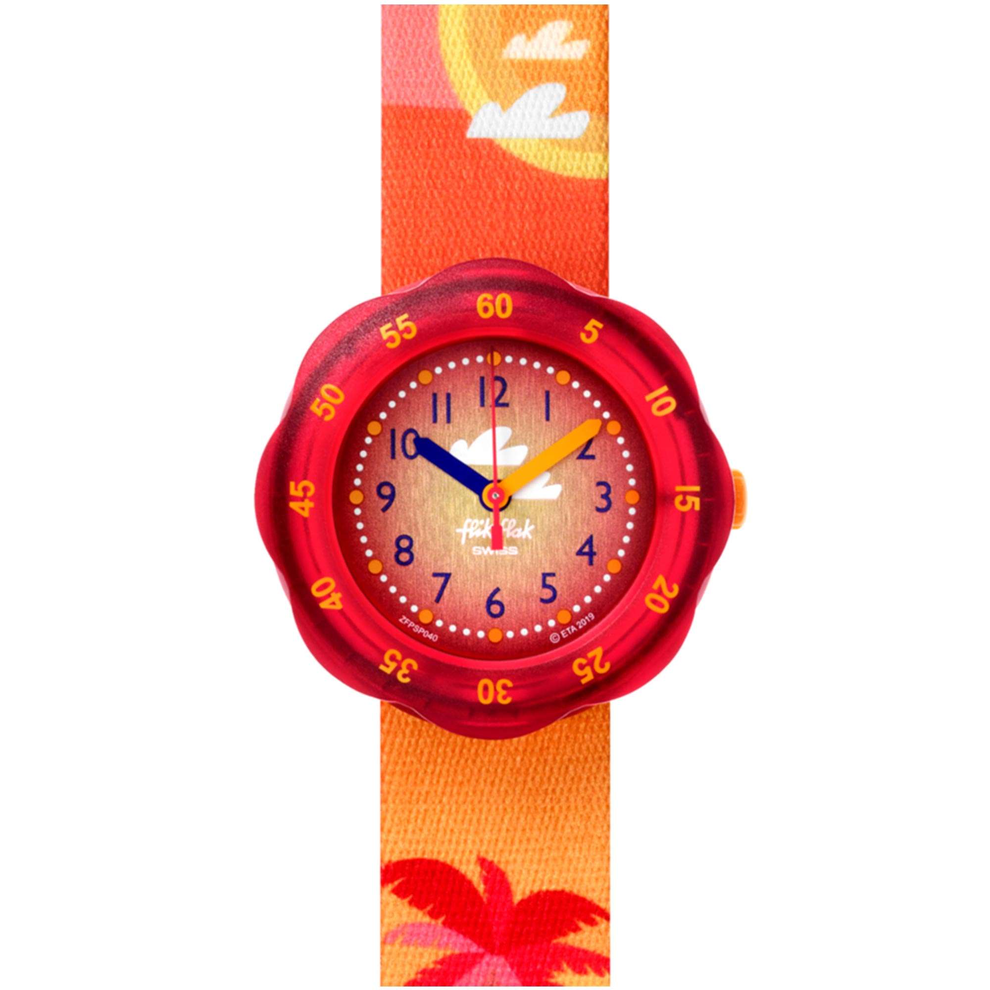 Flik Flak Pool in Miami Palmiboo Quartz Movement Red Dial Textile Bracelet Kids Watch FPSP040