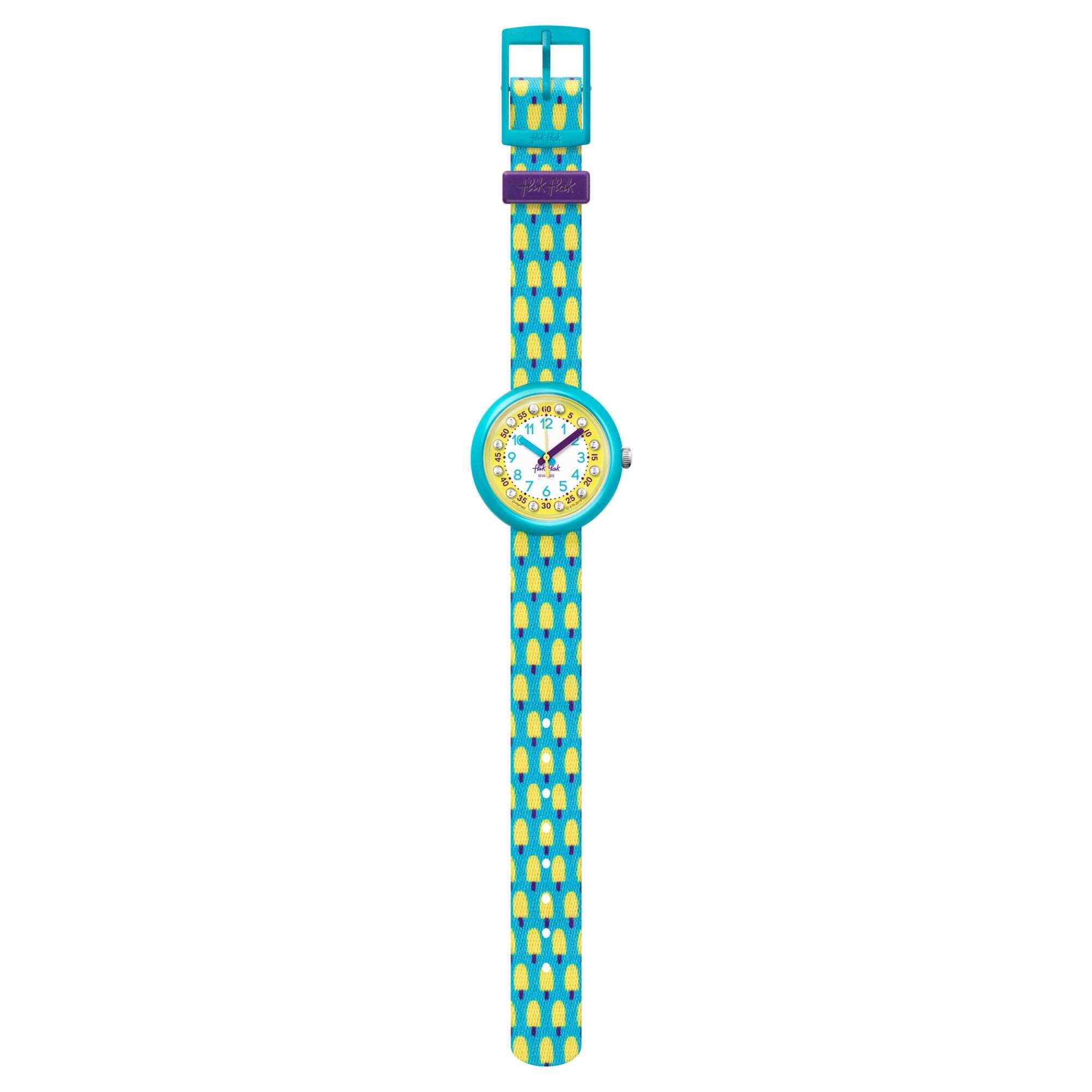 Flik Flak Pool in Miami Lemon Freeze Quarzwerk Gelbes Zifferblatt Textilarmband Kinderuhr FPNP062