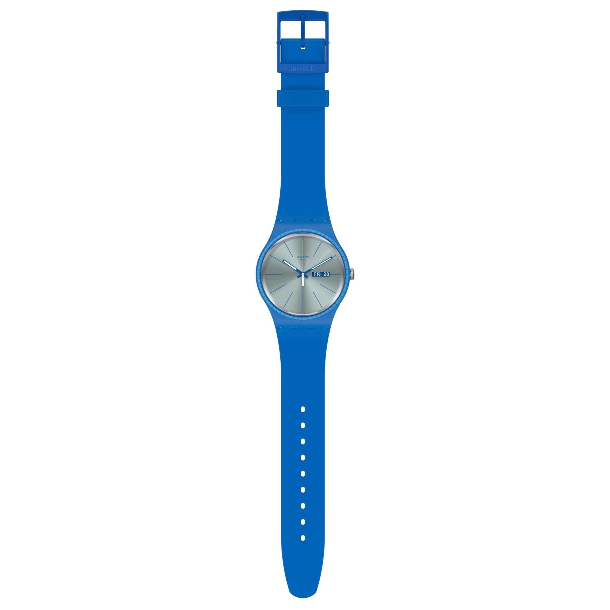 Swatch Essentials Blaue Schienen Quarzwerk Silbernes Zifferblatt Silikonarmband Herren Uhr SUON714