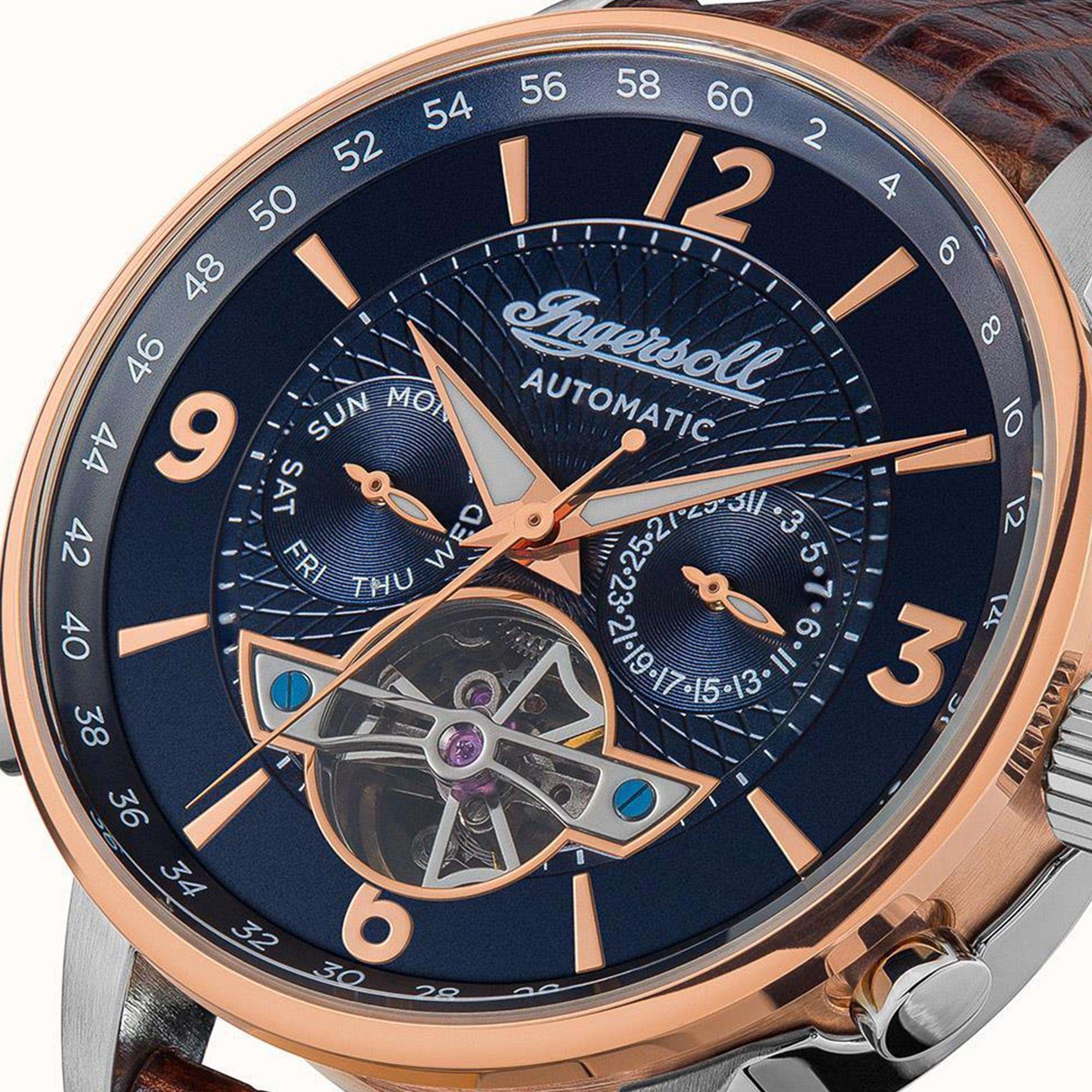Ingersoll The Grafton Automatik Blaues Zifferblatt Braunes Lederarmband Herren Uhr I00703B