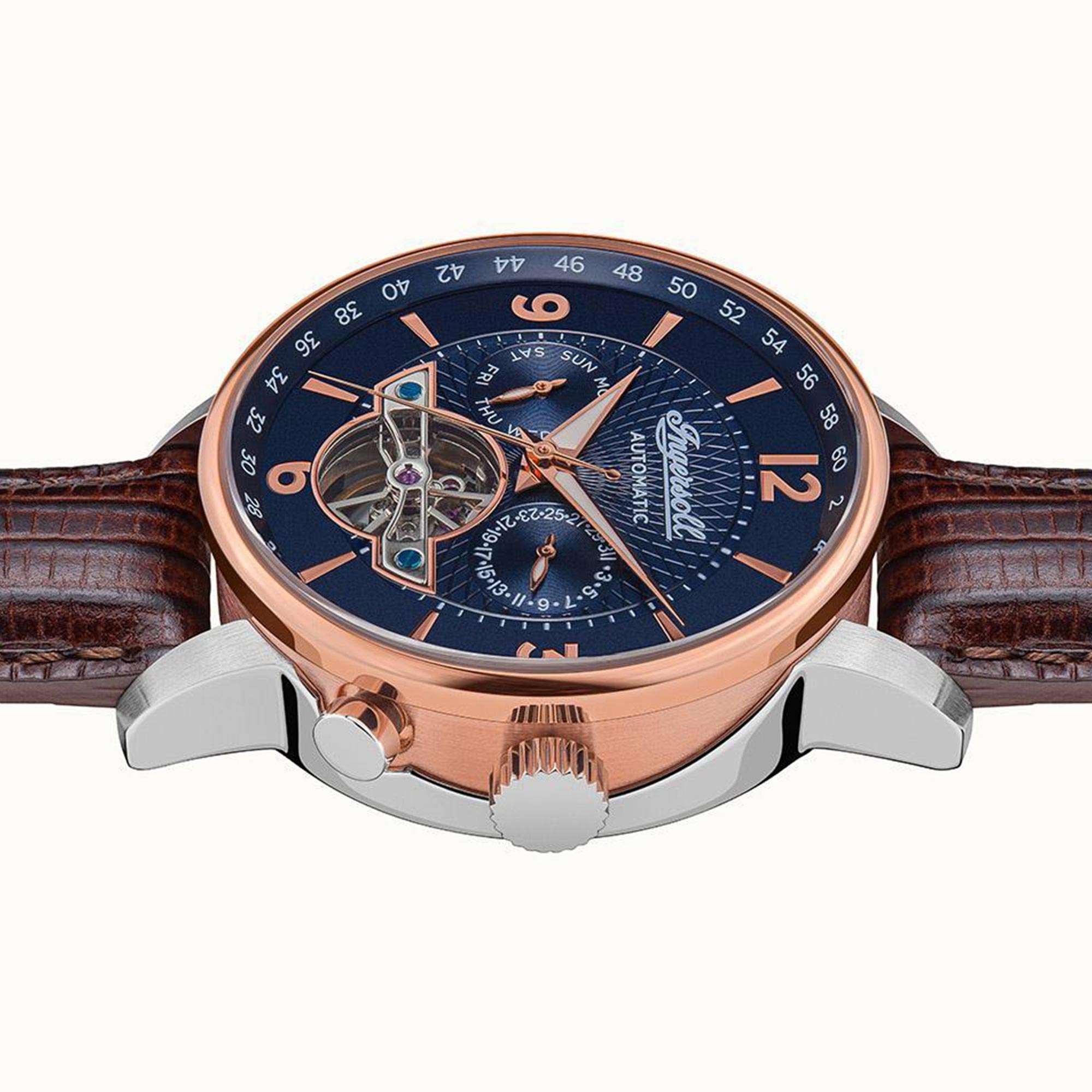 Ingersoll The Grafton Automatik Blaues Zifferblatt Braunes Lederarmband Herren Uhr I00703B