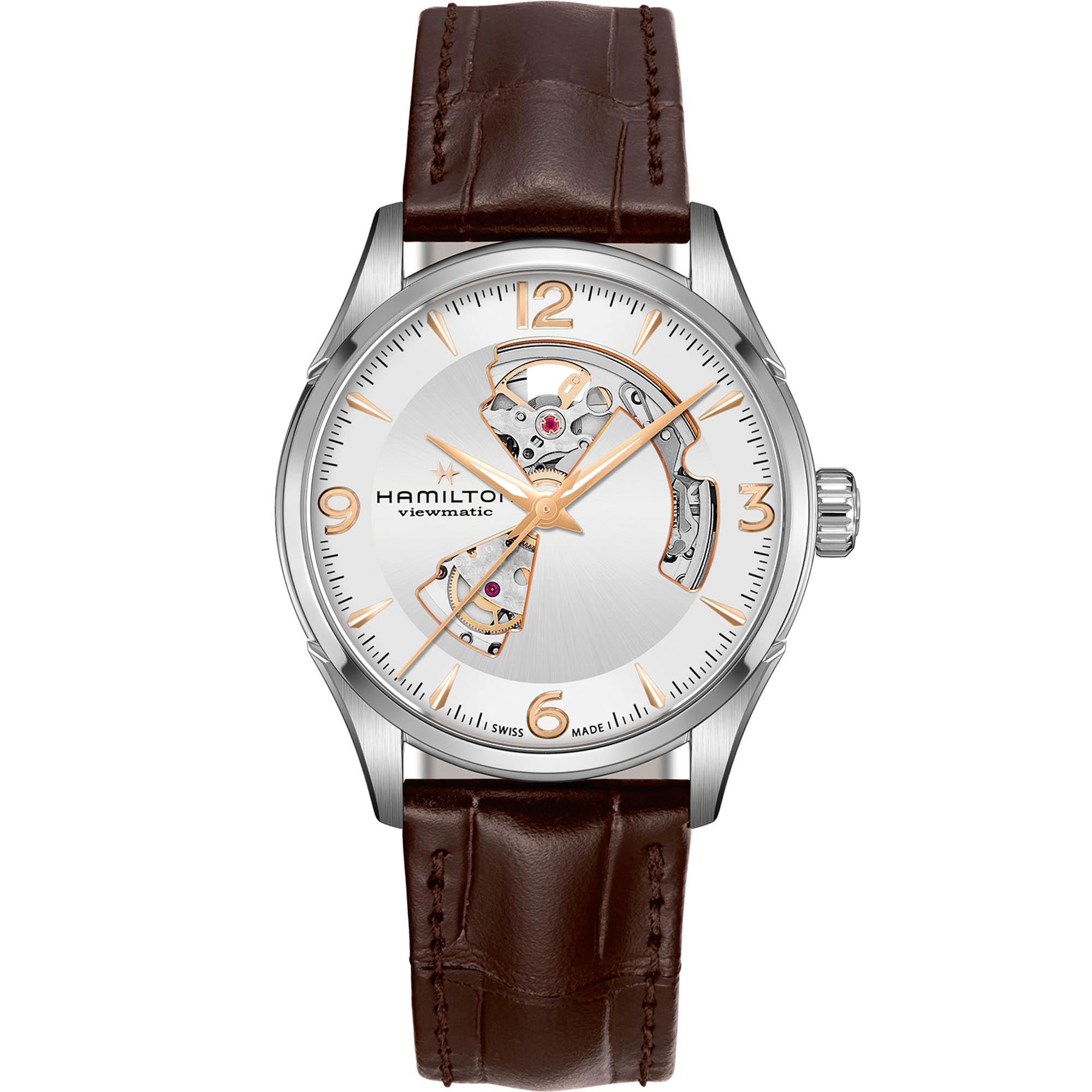 Hamilton Jazzmaster 42mm Open Heart Silbernes Zifferblatt Leder Herren Automatik Uhr H32705551