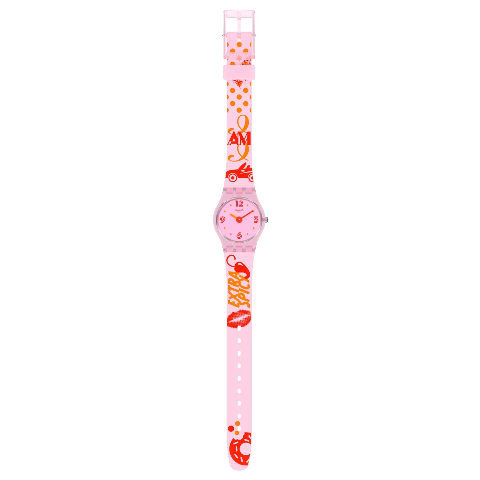 Swatch Original Lady Quarz Pinkes Zifferblatt Silikonarmband Damen Uhr LP164