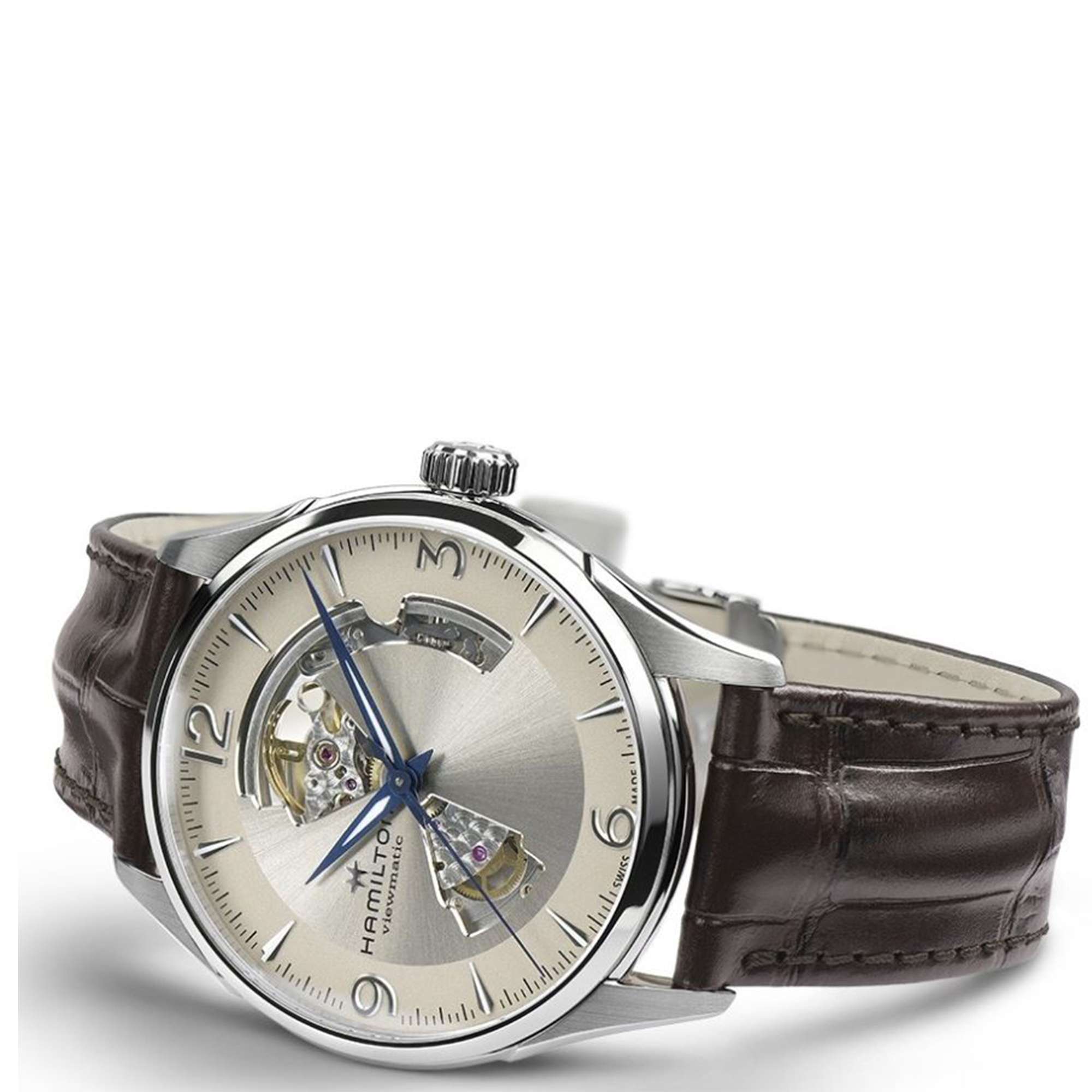 Hamilton Jazzmaster H32705521 beige open-heart dial with blued dauphine hands close-up