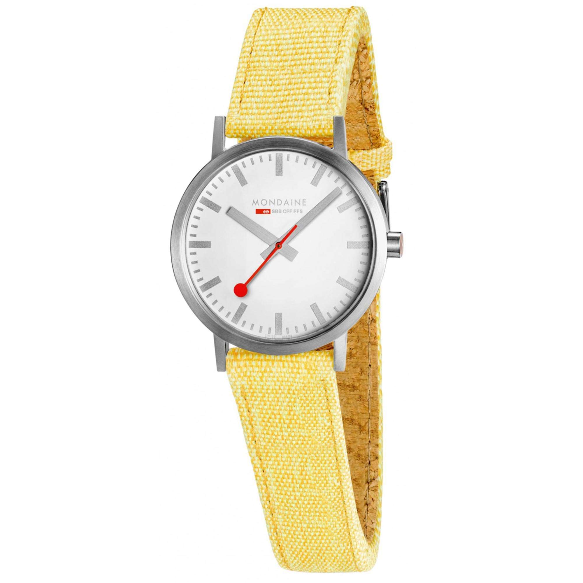 Mondaine Classic Quartz Weißes Zifferblatt Gelbes Recyceltes Textilarmband Damen Uhr A658.30323.17SBE