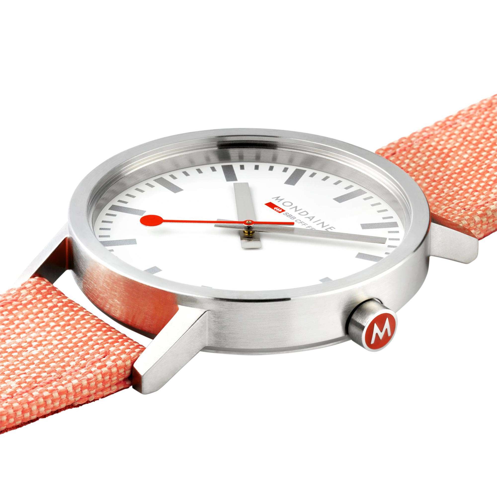 Mondaine Classic Quartz Weißes Zifferblatt Oranges Recyceltes Textilarmband Damen Uhr A658.30323.17SBF
