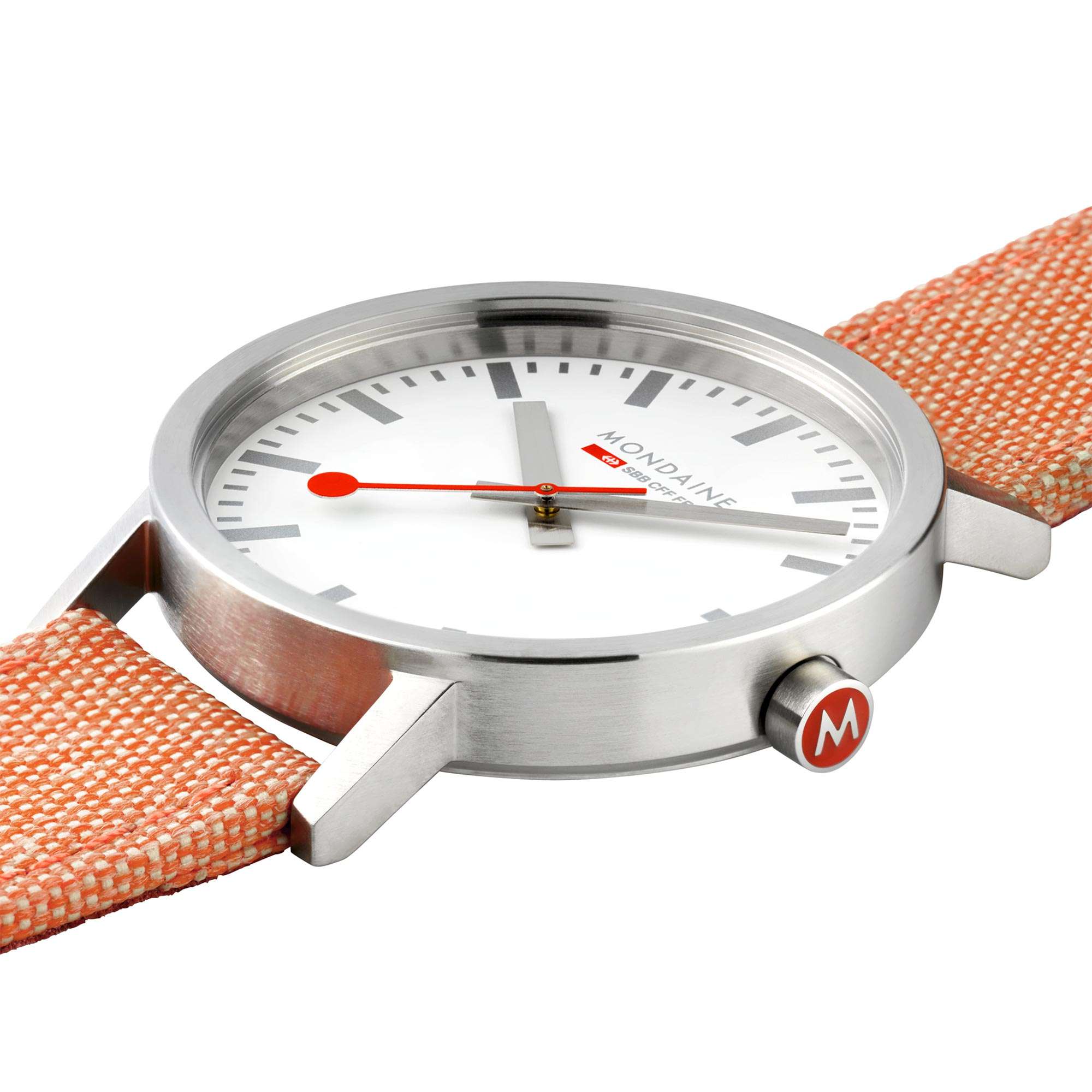 Mondaine Classic Quartz White Dial Orange Recycled Textile Strap Watch A660.30360.17SBF