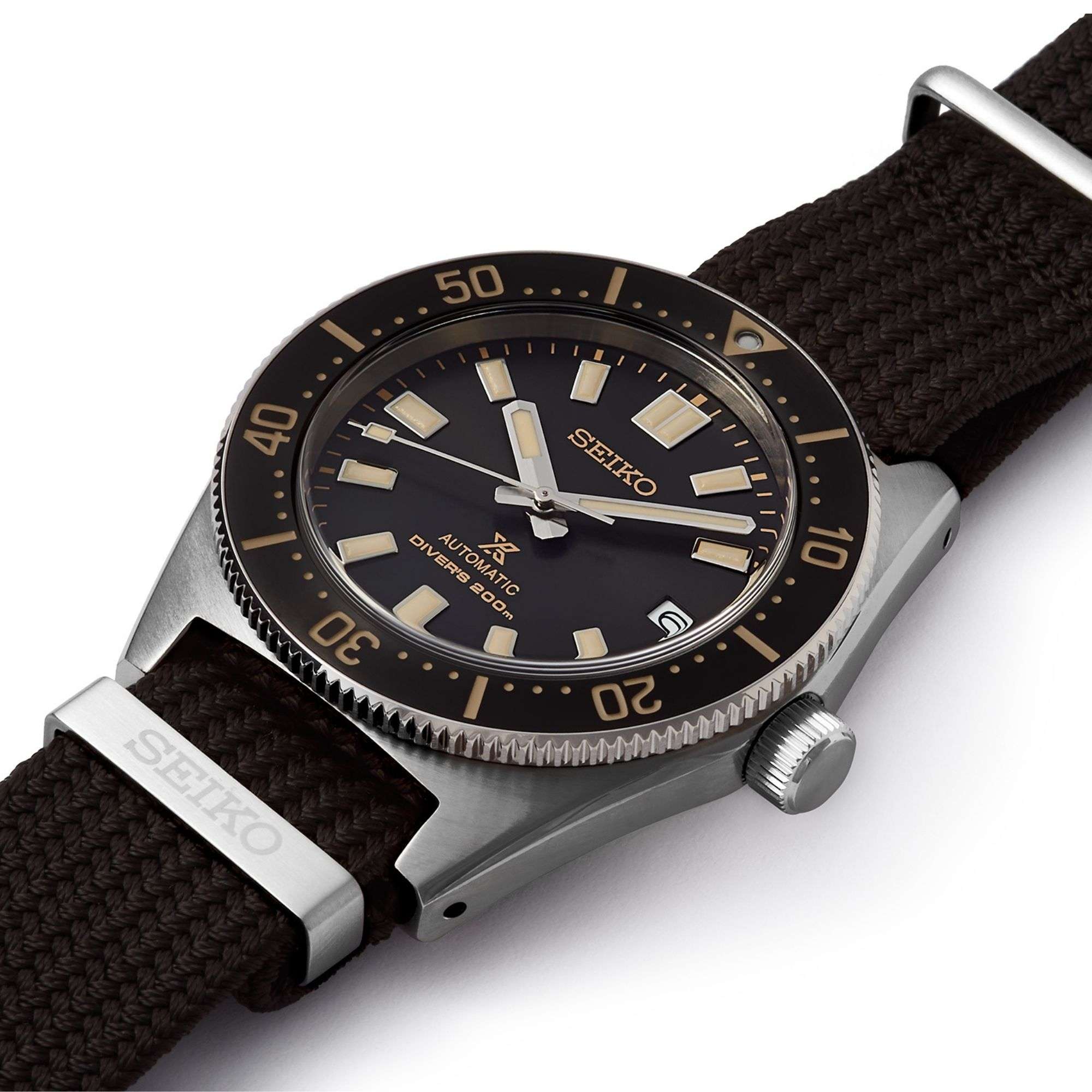 Seiko Prospex Erste japanische Taucheruhr Neuinterpretation Automatik Schwarzes Zifferblatt Nylonarmband Herrenarmbanduhr SPB239J1