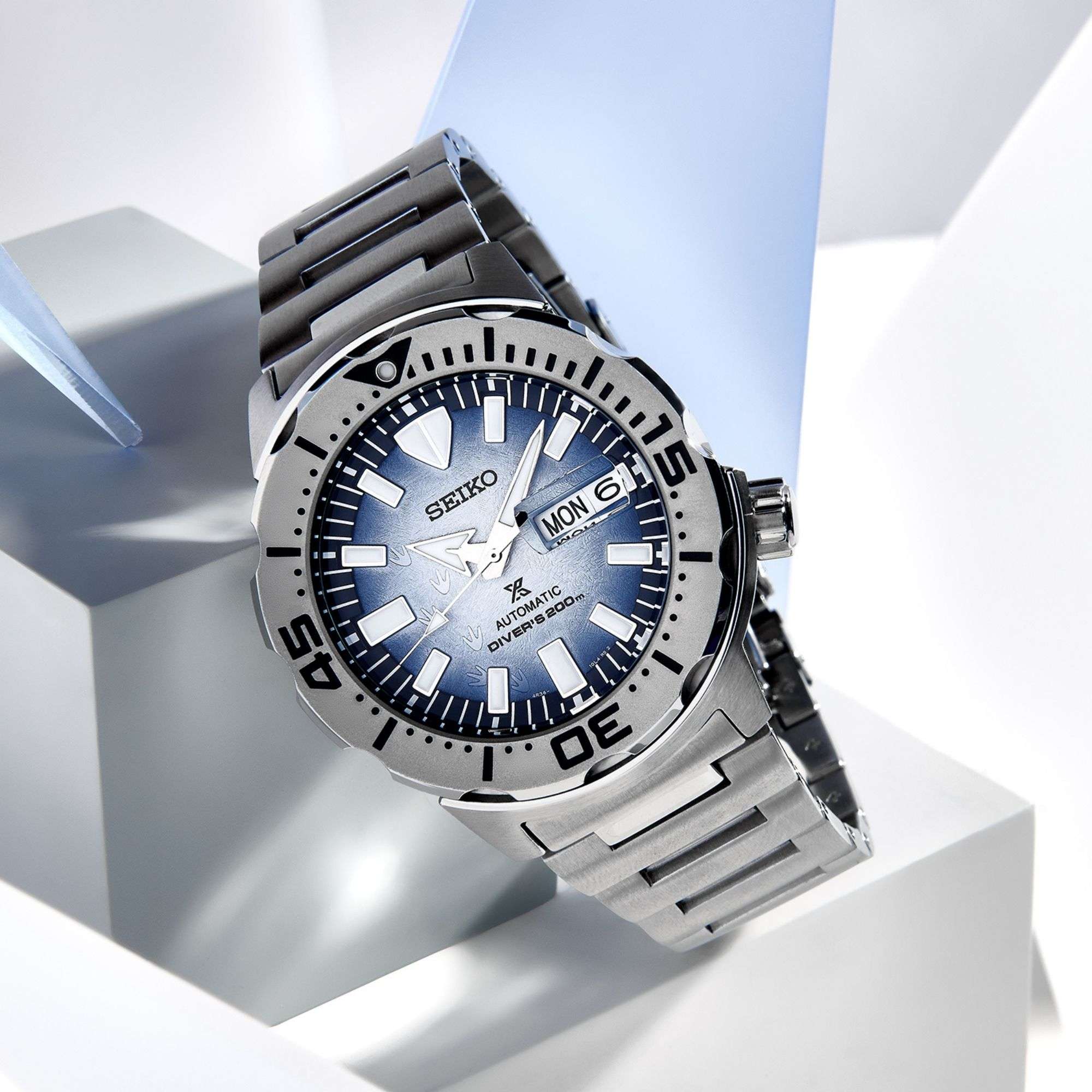 Seiko Prospex Antarctica Monster Save the Ocean Automatik Blaues Zifferblatt Edelstahlarmband Herrenarmbanduhr SRPG57K1