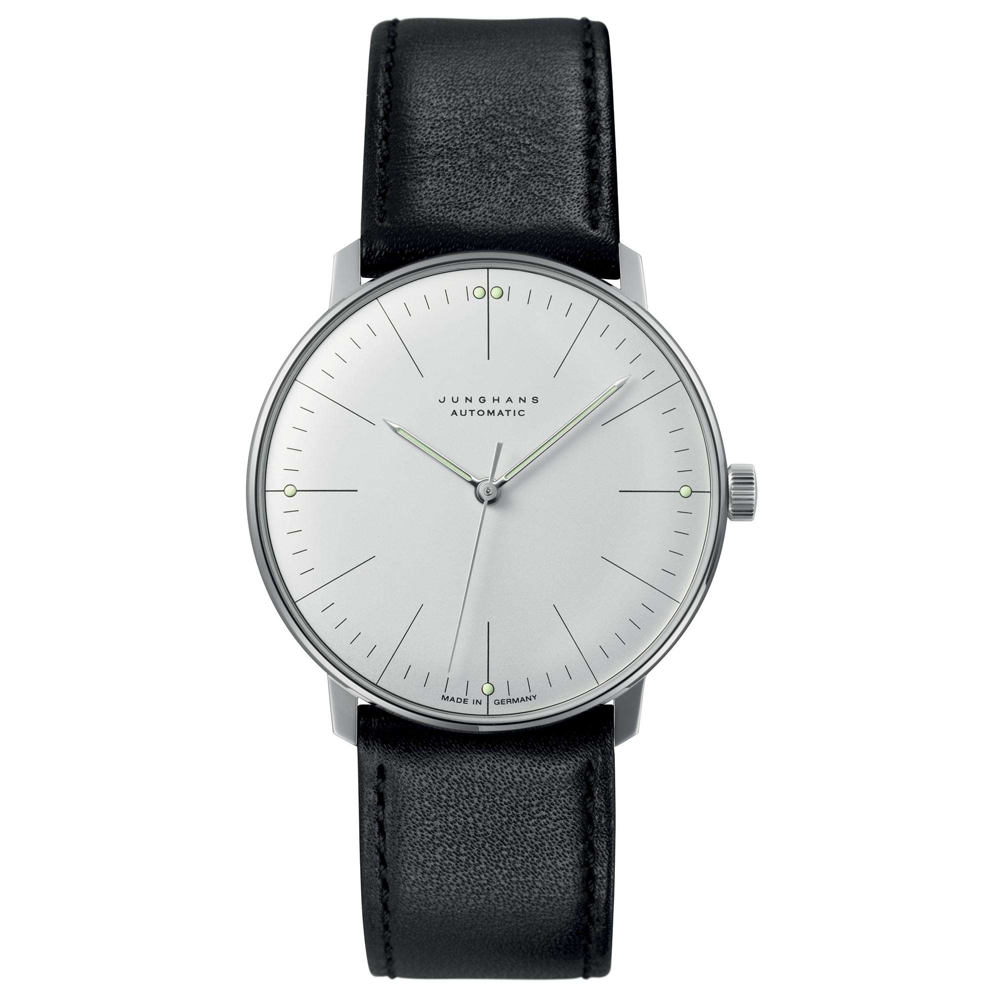 Junghans Max Bill Automatik Silbernes Zifferblatt Schwarzes Lederarmband Herren Uhr 27/3501.04