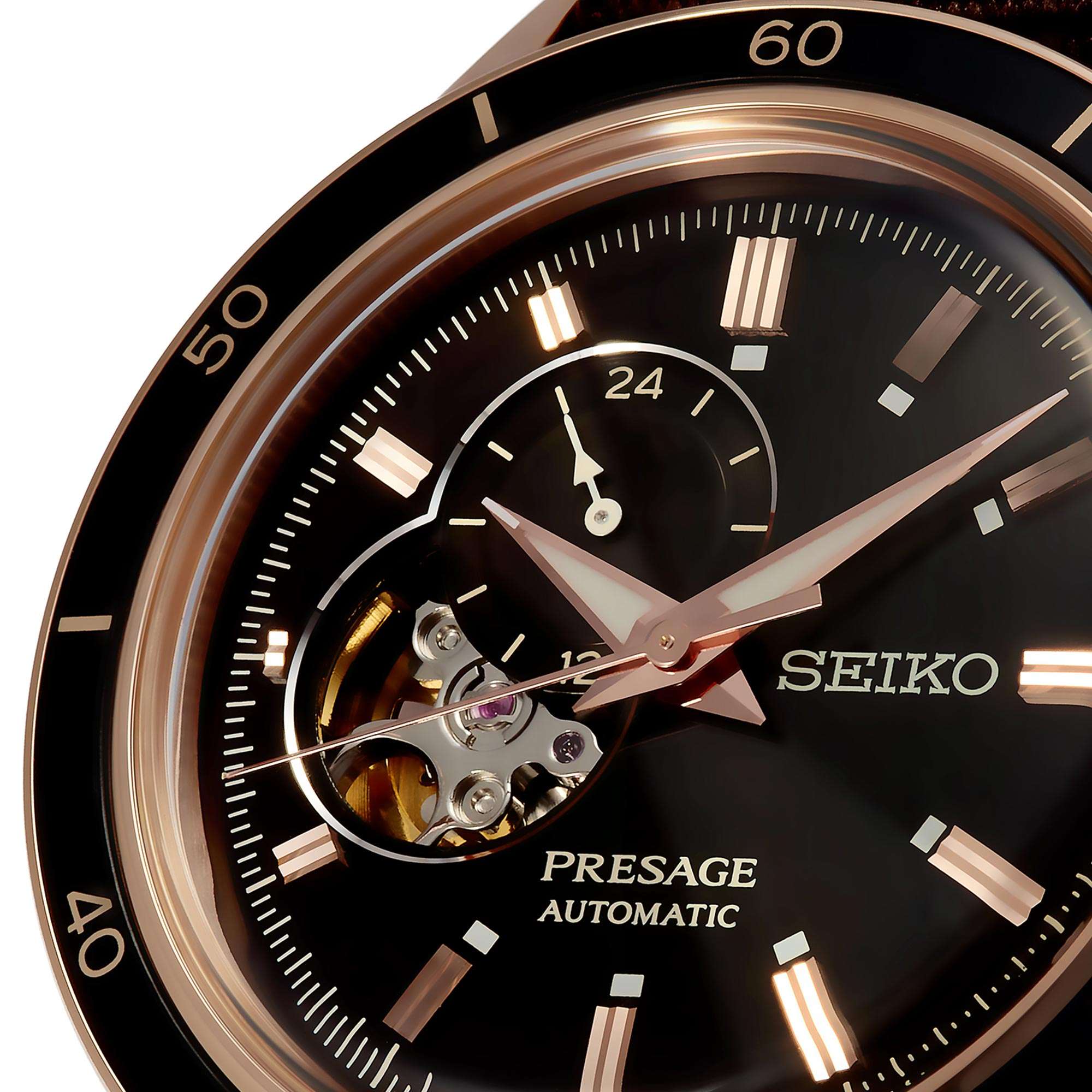 Seiko Presage Stil 60er Automatik Schwarzes Offenes Herz Zifferblatt Braunes NATO-Armband Herrenarmbanduhr SSA426J1