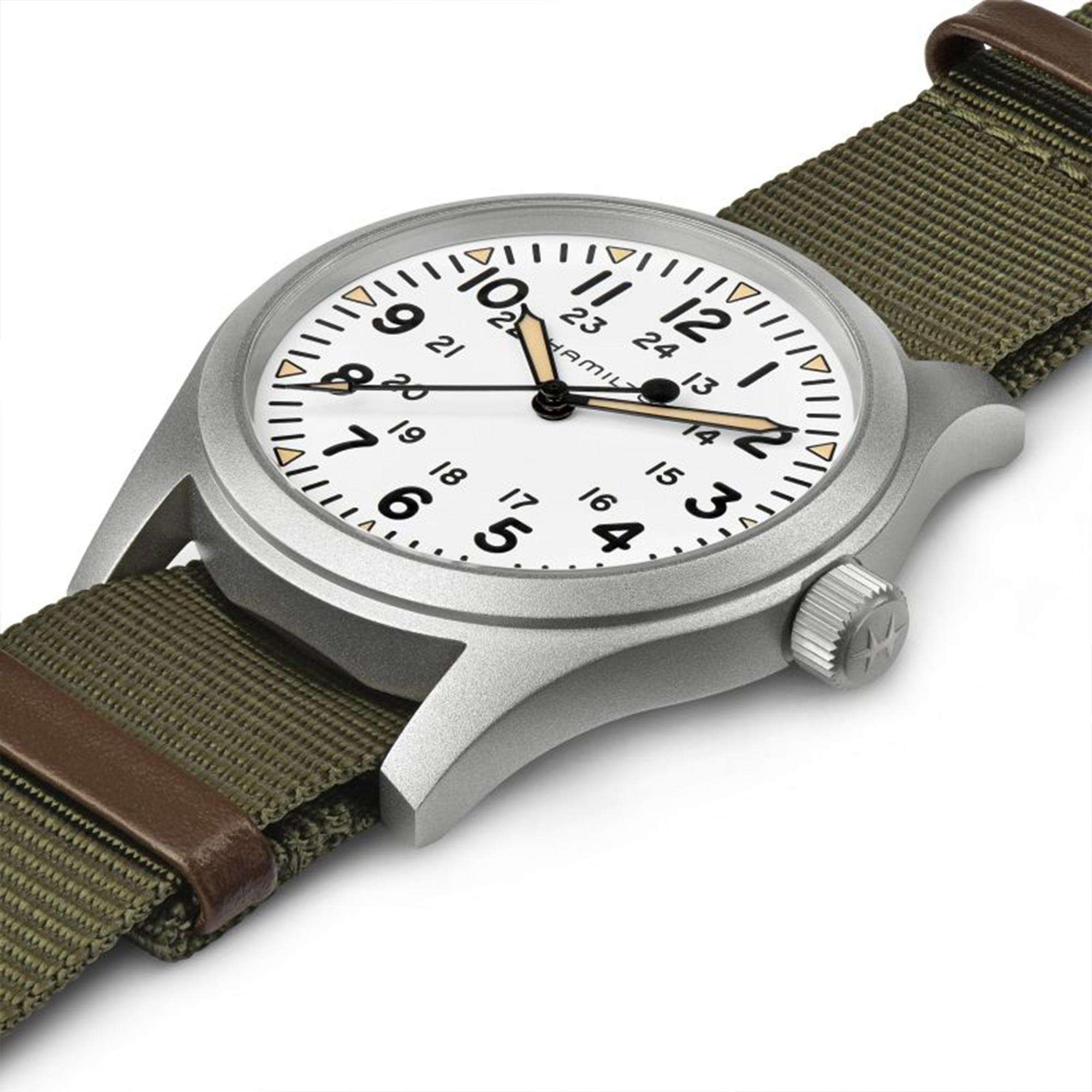 Hamilton Khaki Field H69529913 white dial and sandblasted stainless steel case side profile