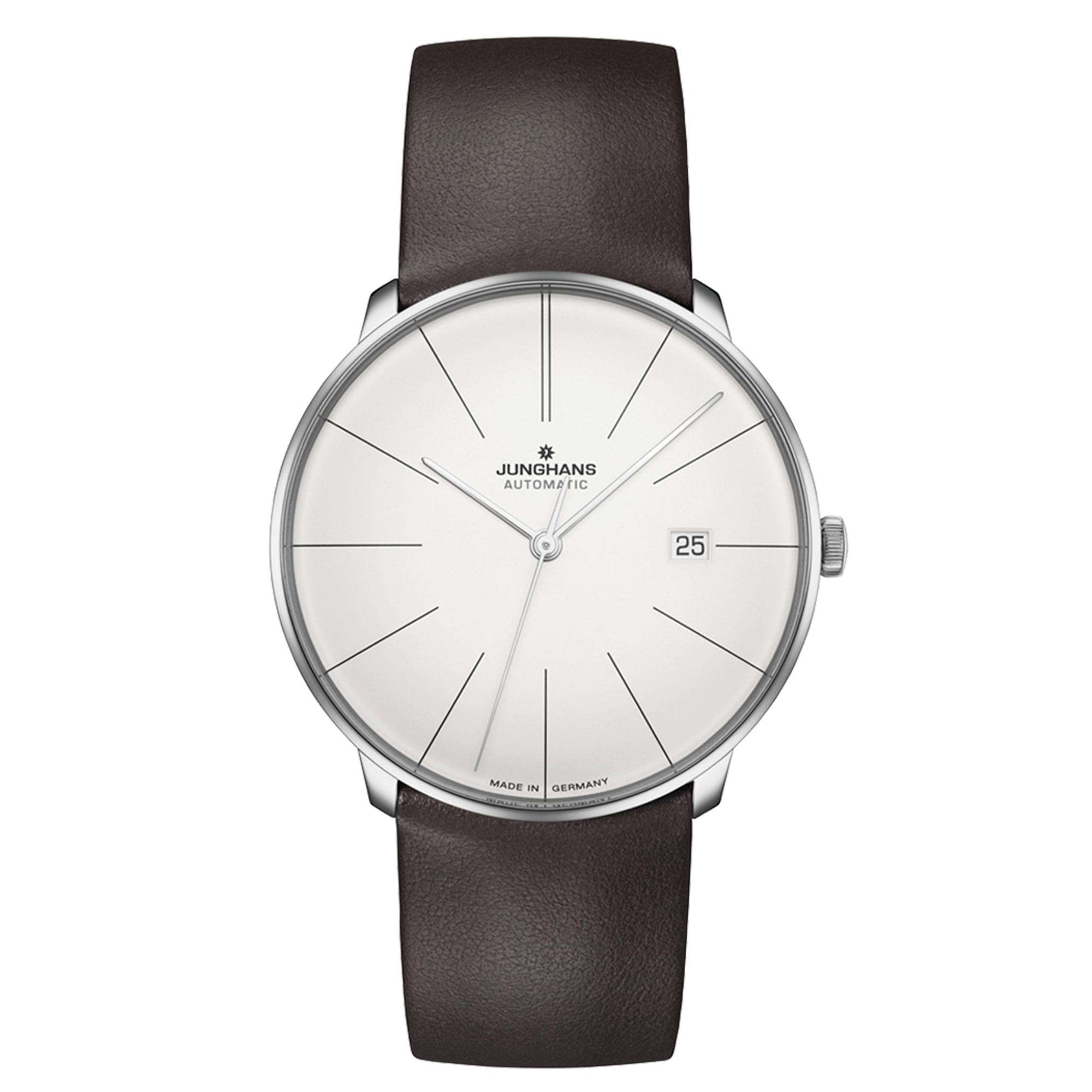 Junghans Meister Fein Automatik Silbernes Zifferblatt Lederarmband Herren Uhr 27/4152.00