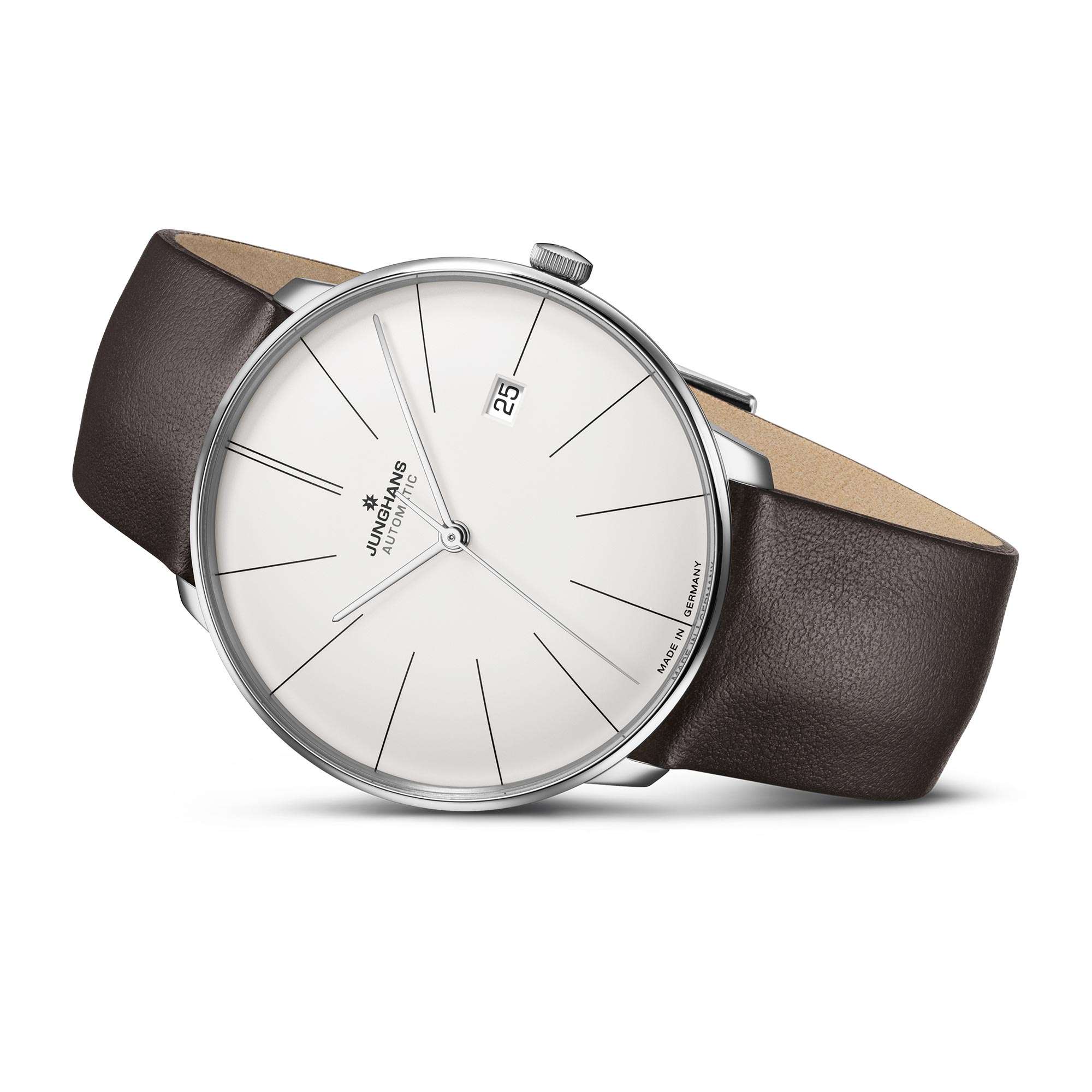 Junghans Meister Fein Automatik Silbernes Zifferblatt Lederarmband Herren Uhr 27/4152.00