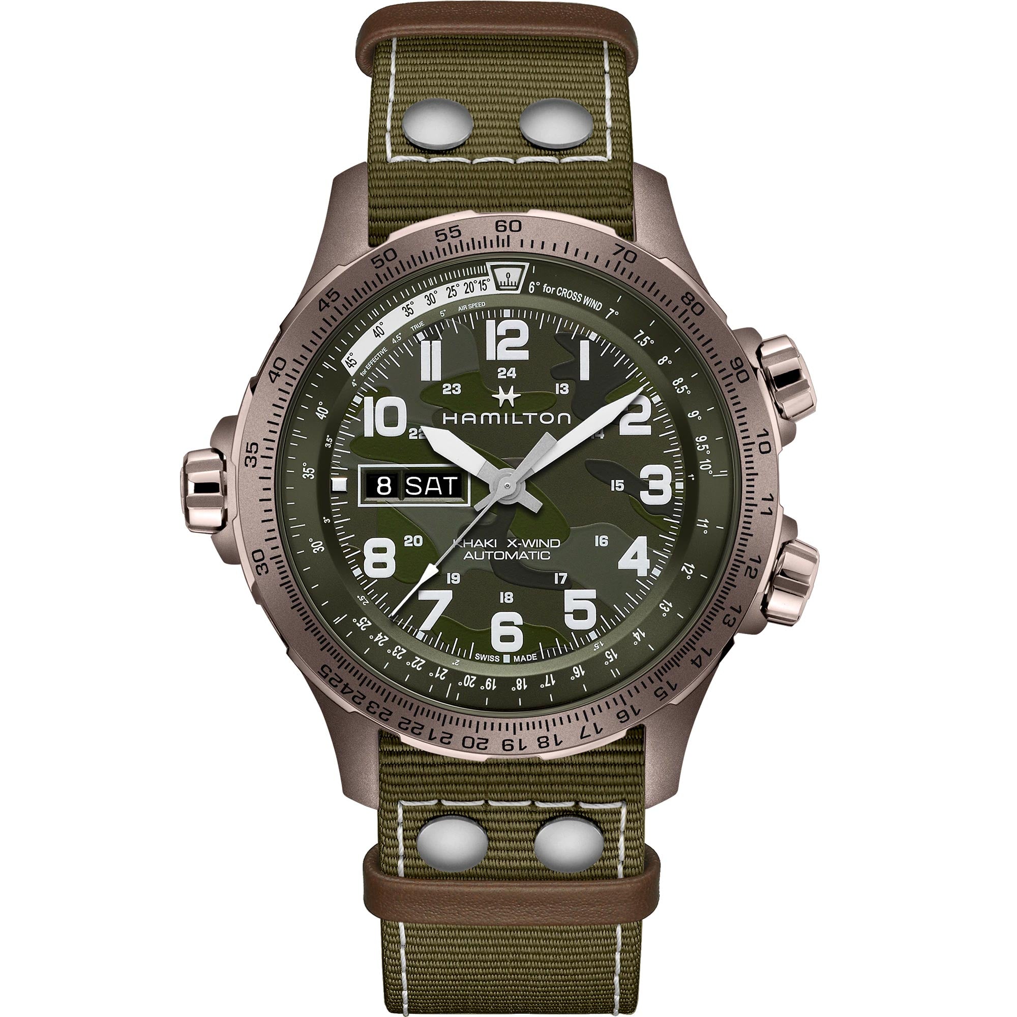 Hamilton Khaki Aviation 45mm green dial NATO day date automatic watch H77775960 front view