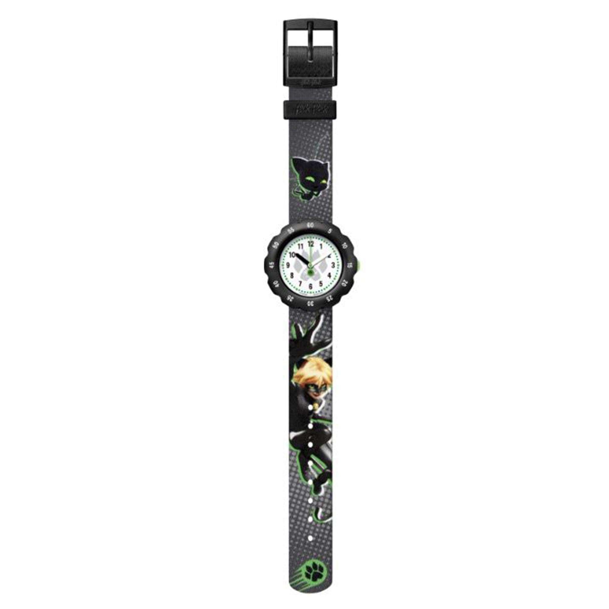 Flik-Flak Cat Noir Quarz Weißes Zifferblatt Schwarzes Kunststoffarmband Kinder Uhr FPSP058