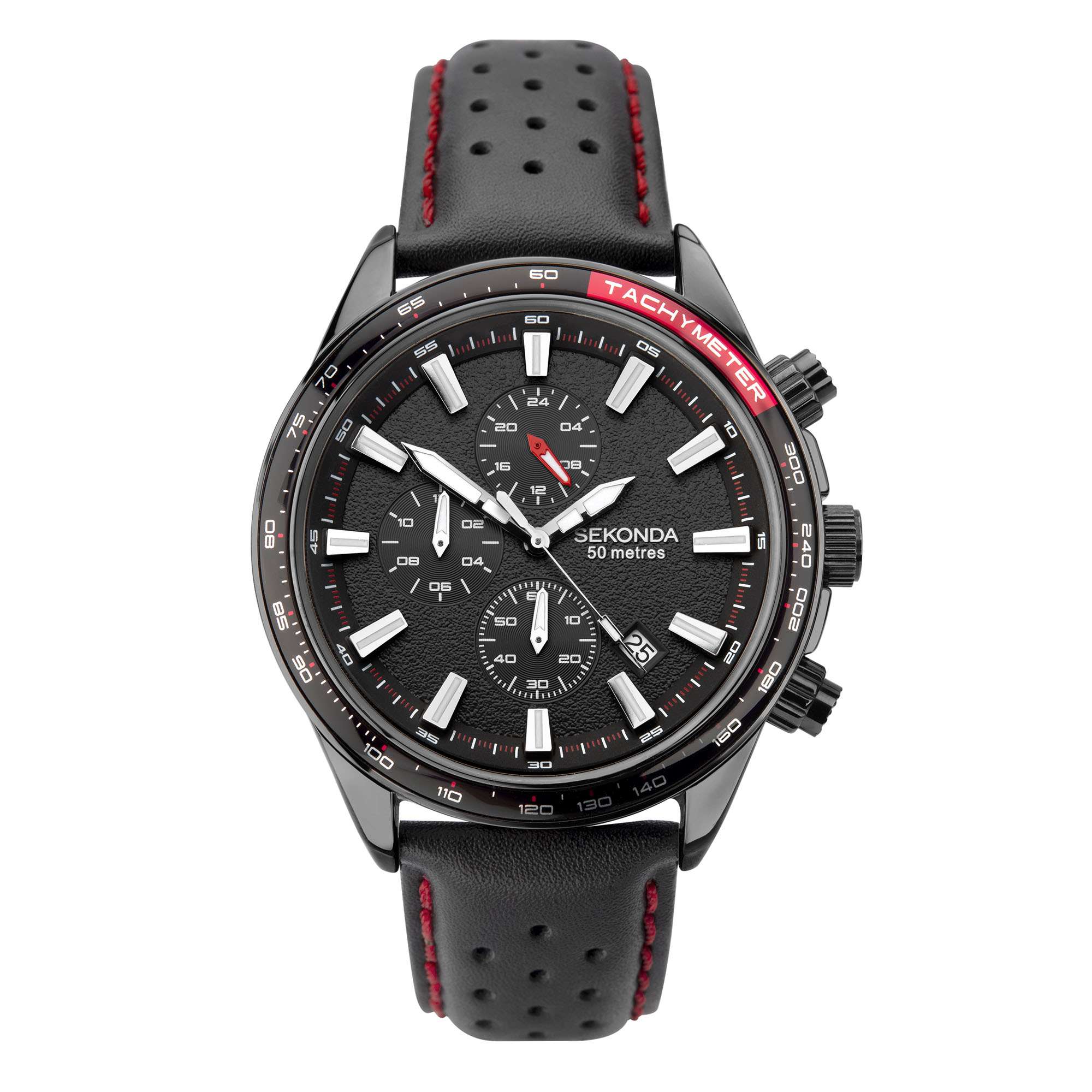 Sekonda Chronograph Quartz Schwarzes Zifferblatt Schwarzes Lederarmband Herrenarmbanduhr 1787
