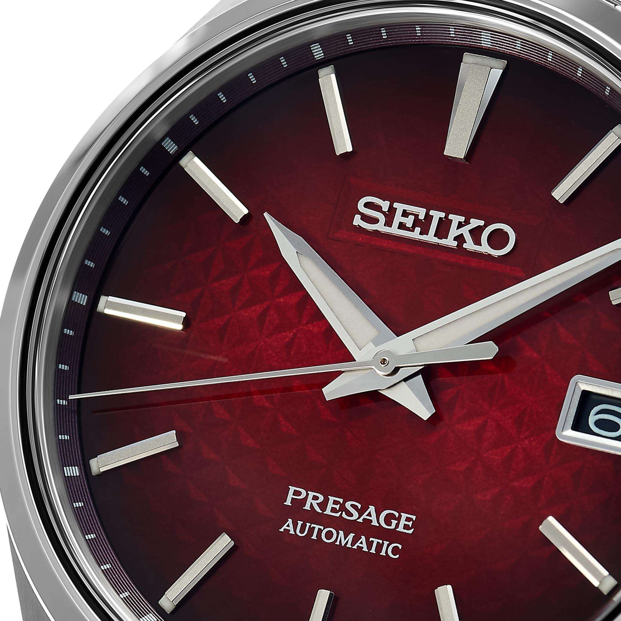 Seiko Presage Sharp Edge Serie Automatik Rotes Zifferblatt Silber Edelstahl Herrenarmbanduhr SPB227J1