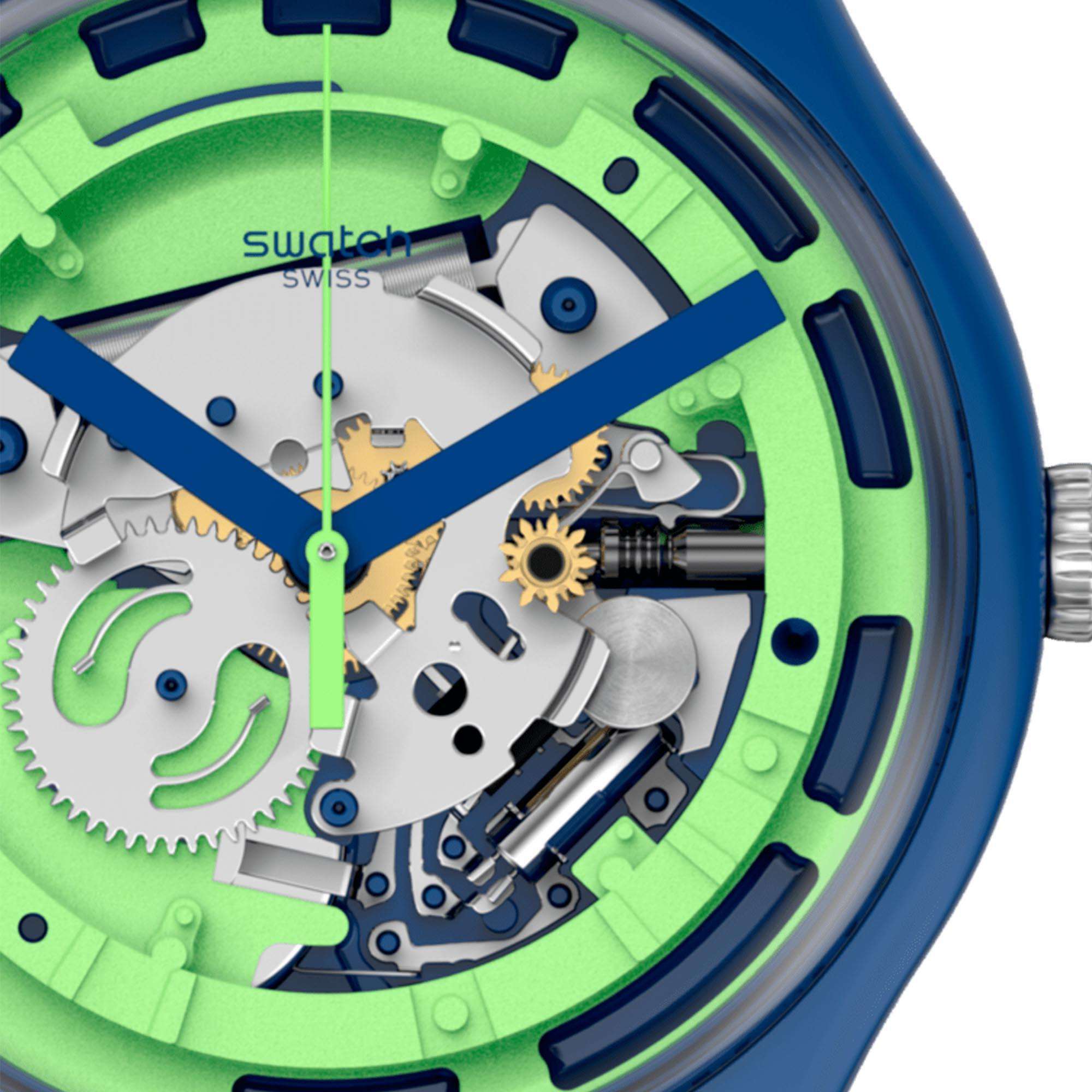 Swatch Blaues Anatomie Quarz Transparentes Zifferblatt Grünes Silikonarmband Uhr SUON147