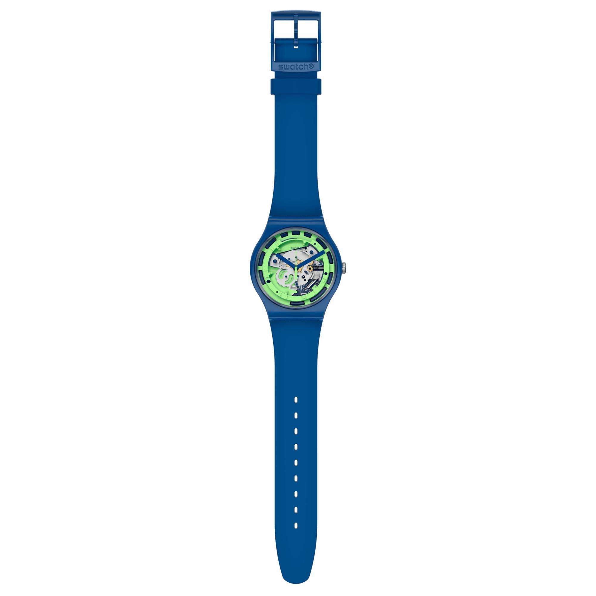 Swatch Blaues Anatomie Quarz Transparentes Zifferblatt Grünes Silikonarmband Uhr SUON147