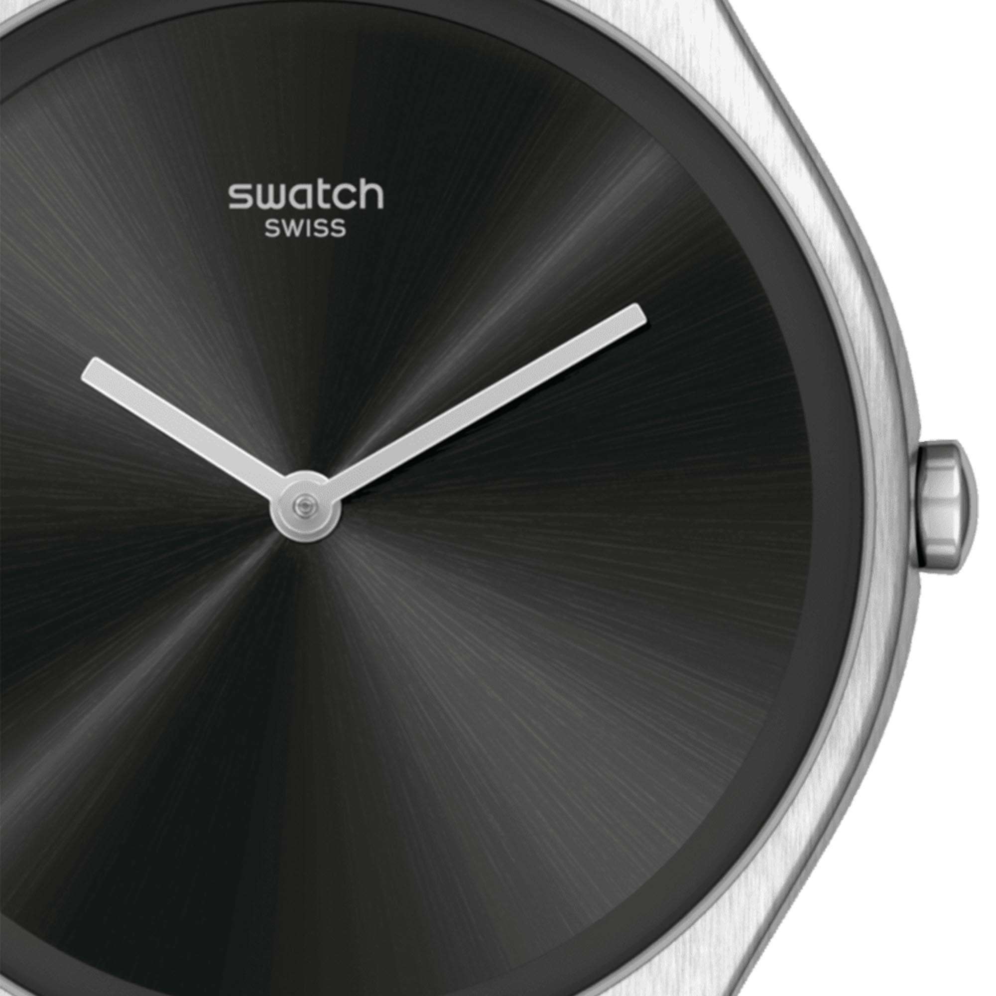 Swatch Schwarze Steppung Quarz Schwarzes Zifferblatt Lederarmband Damenarmbanduhr SYXS136