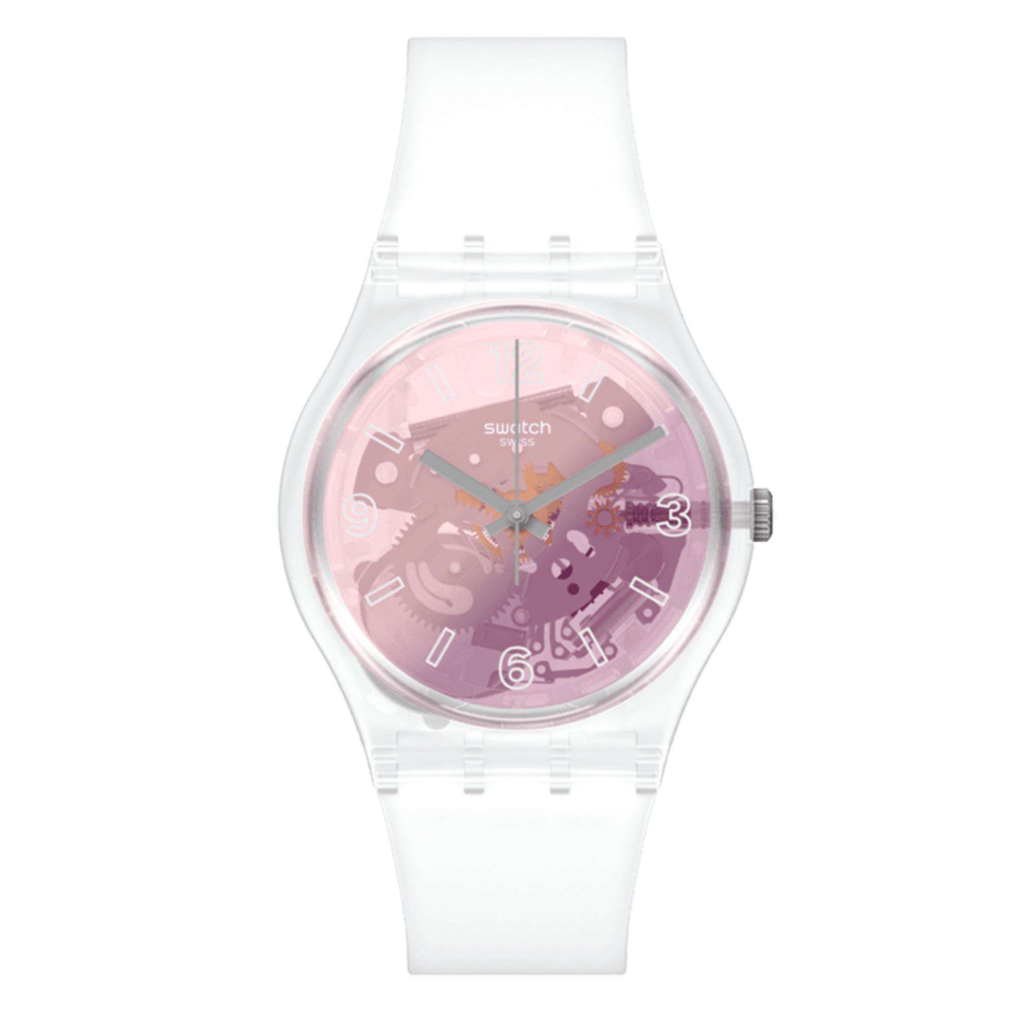 Swatch Pink Disco Fever Quartz Pink Dial White Silicone Strap Watch GE290