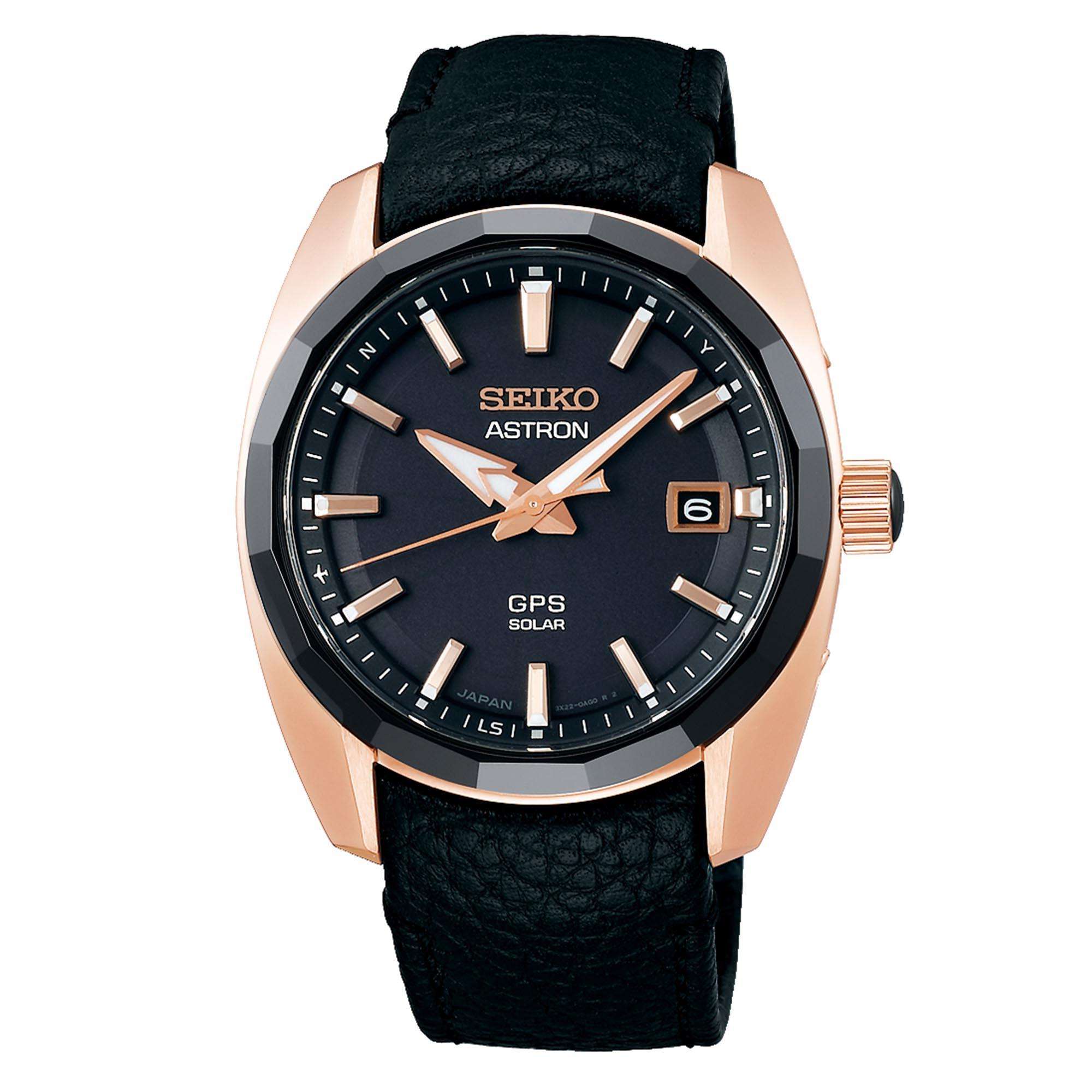 Seiko Astron GPS Solar Quarz Schwarzes Zifferblatt Schwarzes Lederarmband Herrenarmbanduhr SSJ012J1