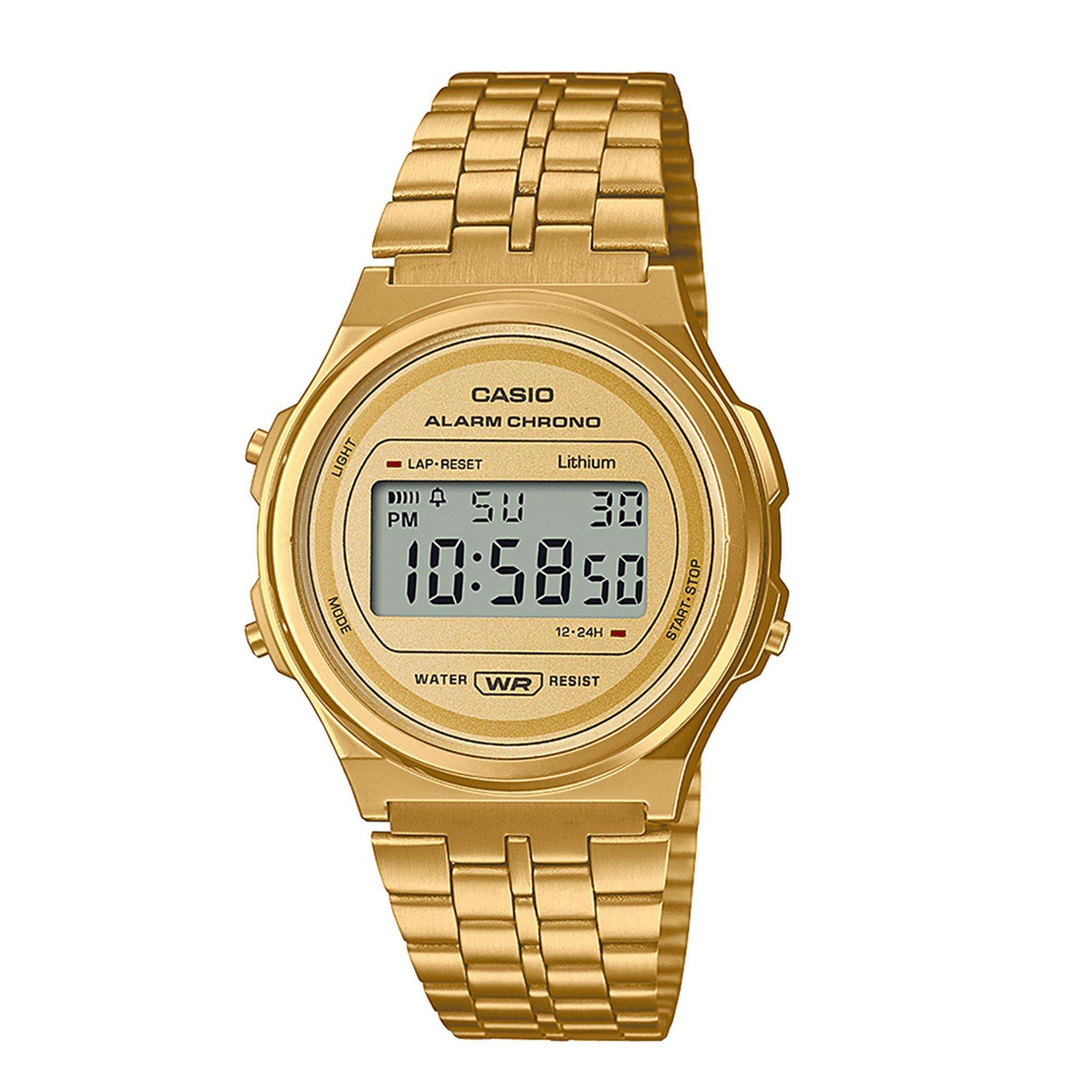 Casio Collection Quarz Herrenarmbanduhr mit goldenem Zifferblatt und Gold PVD Edelstahlarmband A171WEG-9AEF