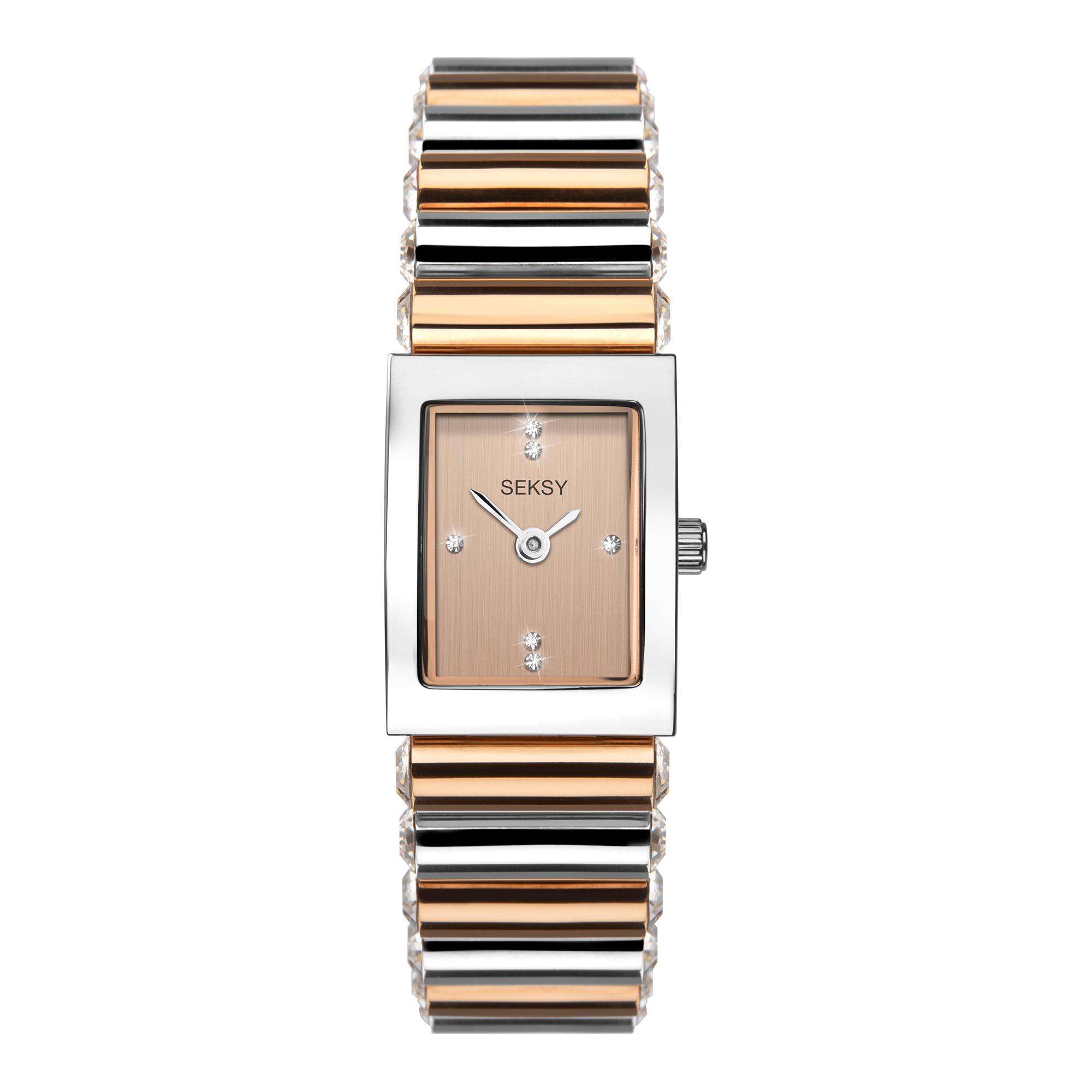 Seksy Edge Quartz Roségold Zifferblatt Zweifarbiges Edelstahlarmband Damen Uhr 2867
