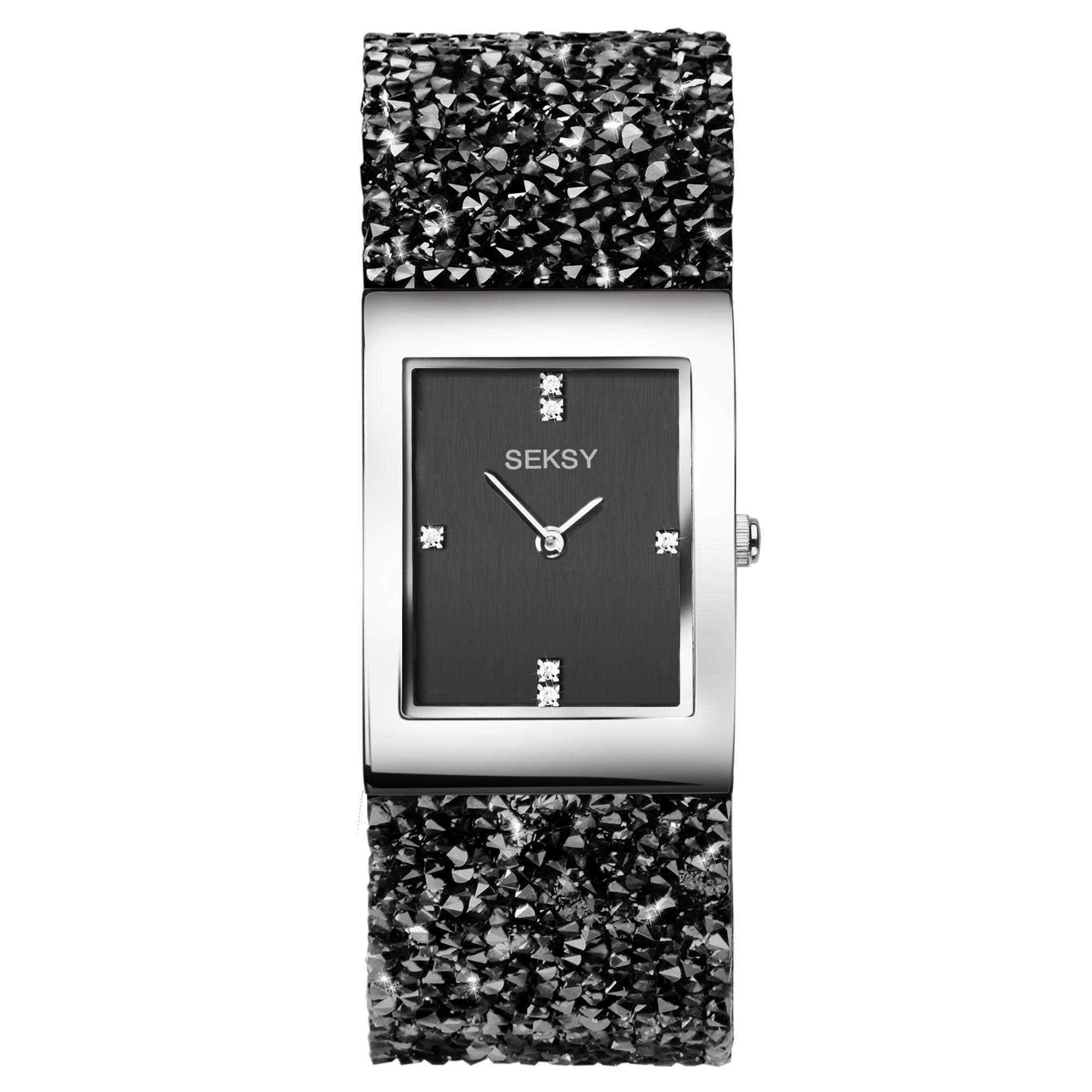 Seksy Dress Quartz Schwarzes Zifferblatt Silbernes PVD Messing Armband Damen Uhr 2573