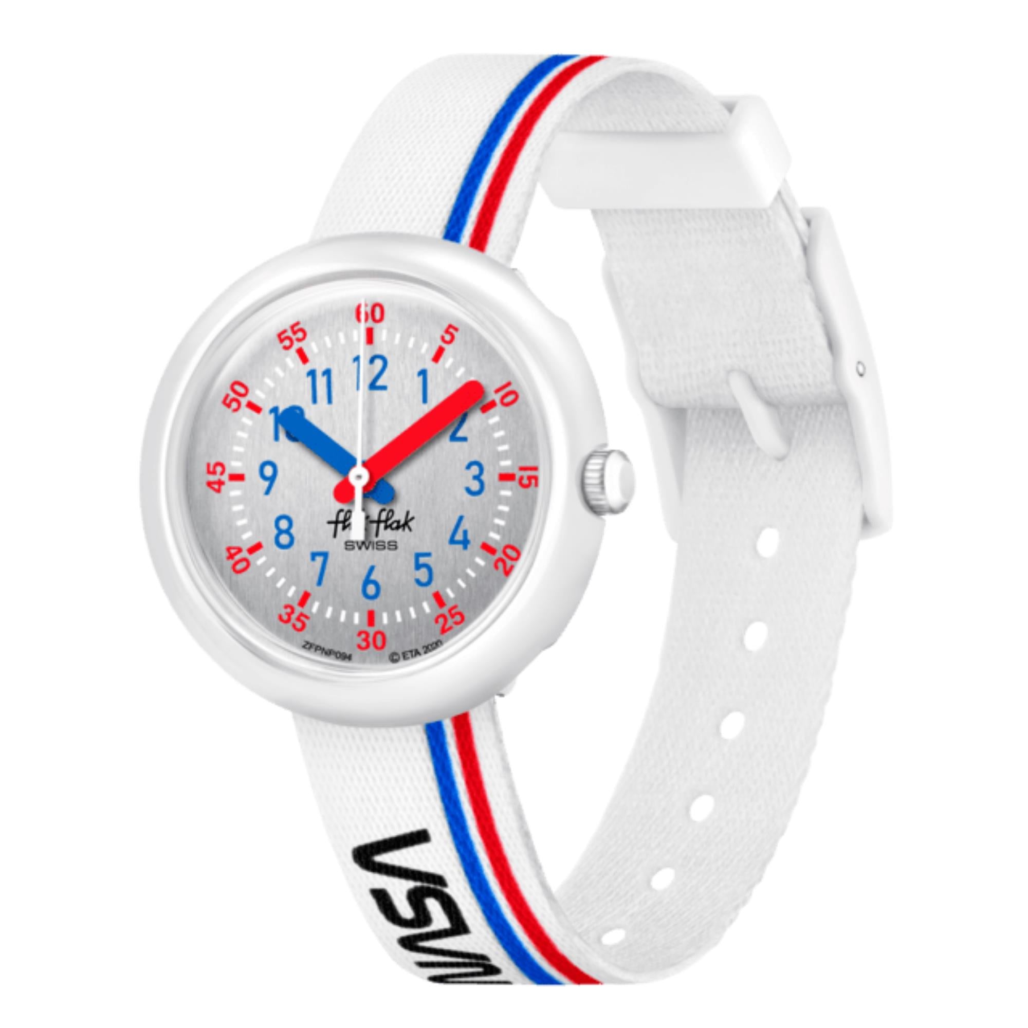 Flik Flak 3-2-1 Liftoff! Quarz Silbernes Zifferblatt Weißes Recyceltes PET Armband Kinder Uhr FPNP094