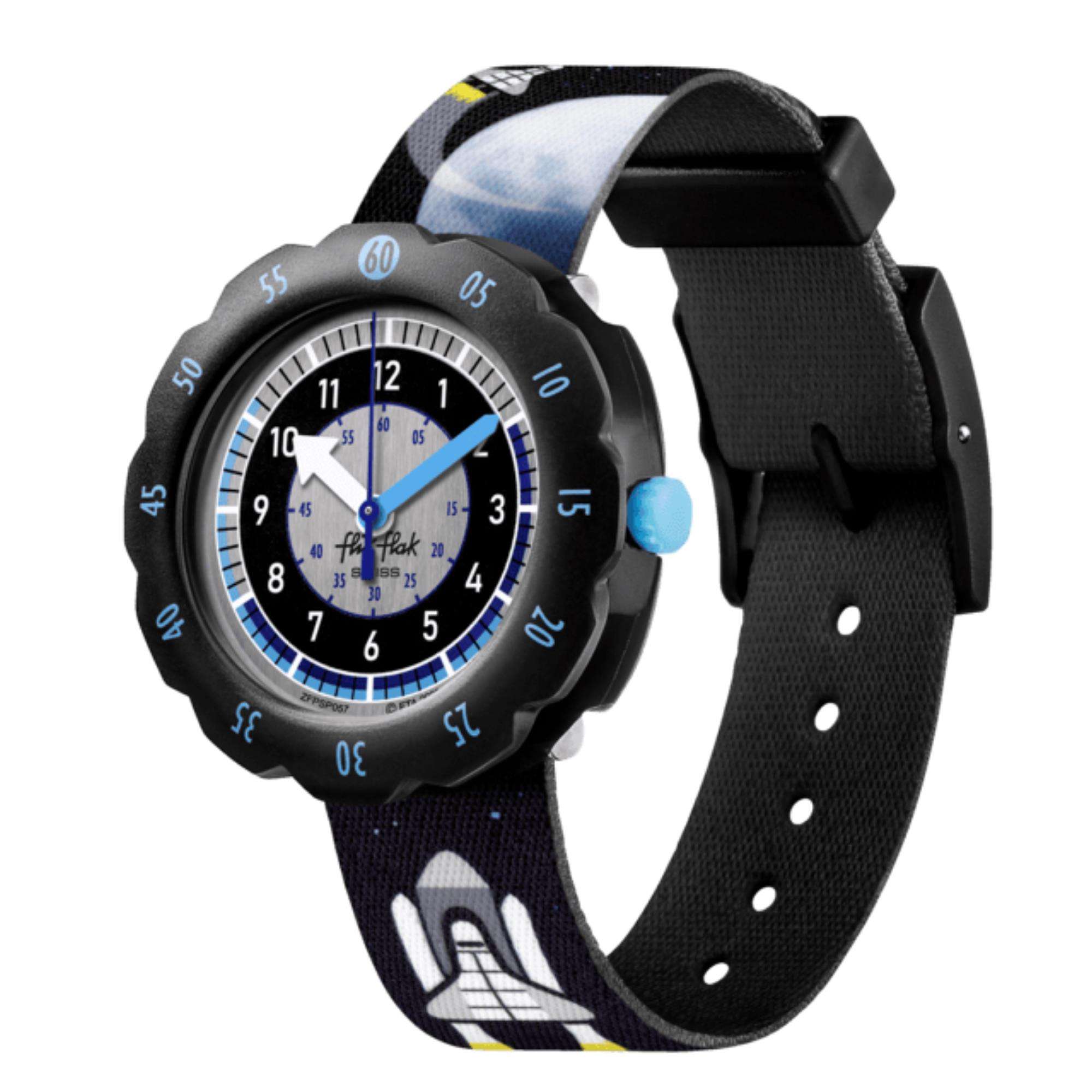 Flik Flak Moon and Back Zweifarbiges Zifferblatt Schwarzer Textilarmband Kinderuhr FPSP057