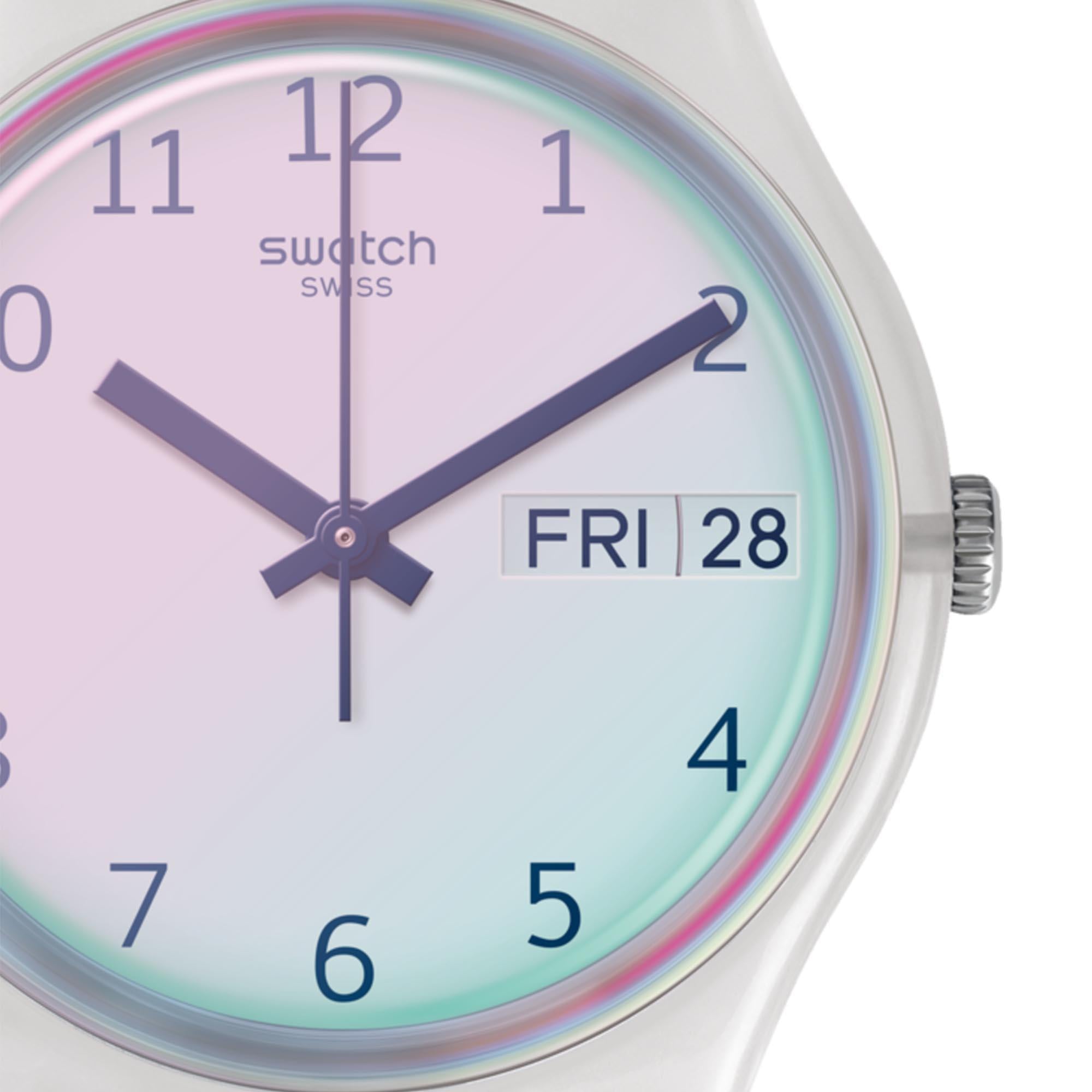 Swatch Original Gent Quarz Uhr mit weißem Zifferblatt und Silikonarmband GE713